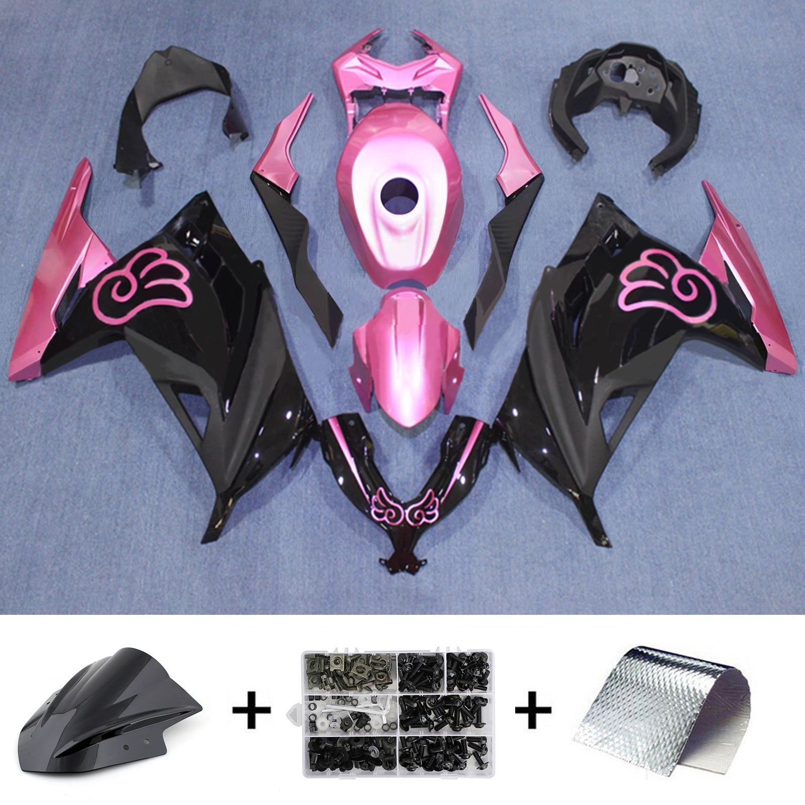 Amotopart 2013-2024 Kawasaki EX300/Ninja 300 Black & Pink Fairing Kit