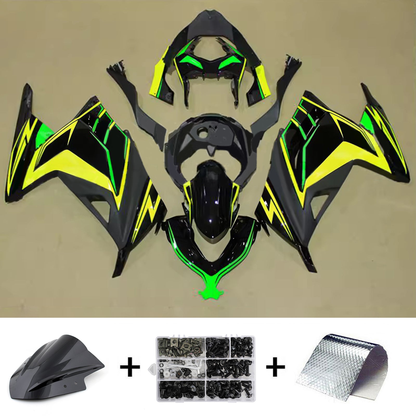 Amotopart 2013-2024 Kawasaki EX300/Ninja 300 Sort Gul Grøn Fairing Kit