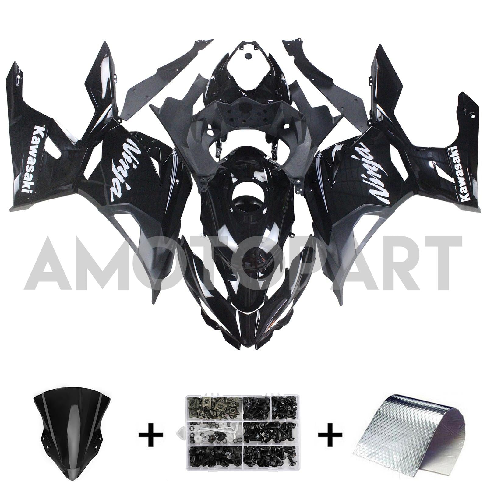 Amotopart 2018-2024 Kawasaki EX400 Ninja400 Black with Blue Letter Fairing Kit
