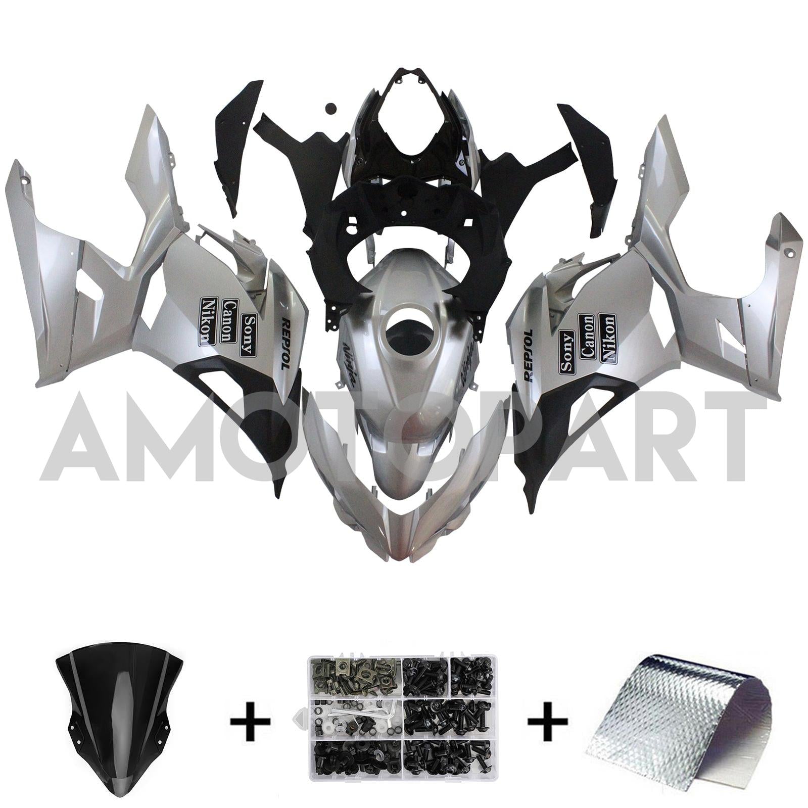 Amotopart 2018-2024 Kawasaki Ex400 Ninja400 Silver & Grey Fairing Kit