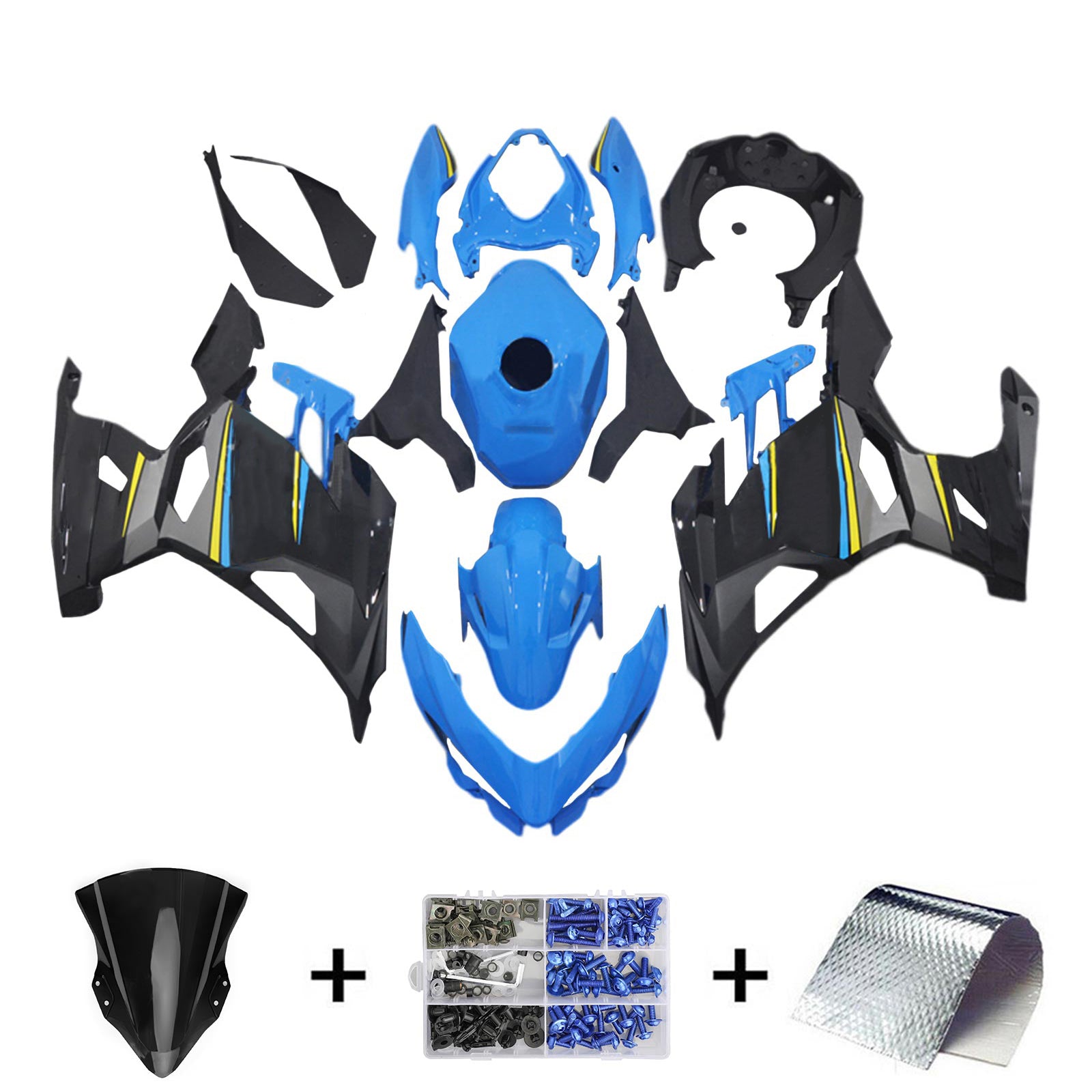 Amotopart 2018-2024 Kawasaki EX400 Ninja400 Kit de carenado azul y amarillo