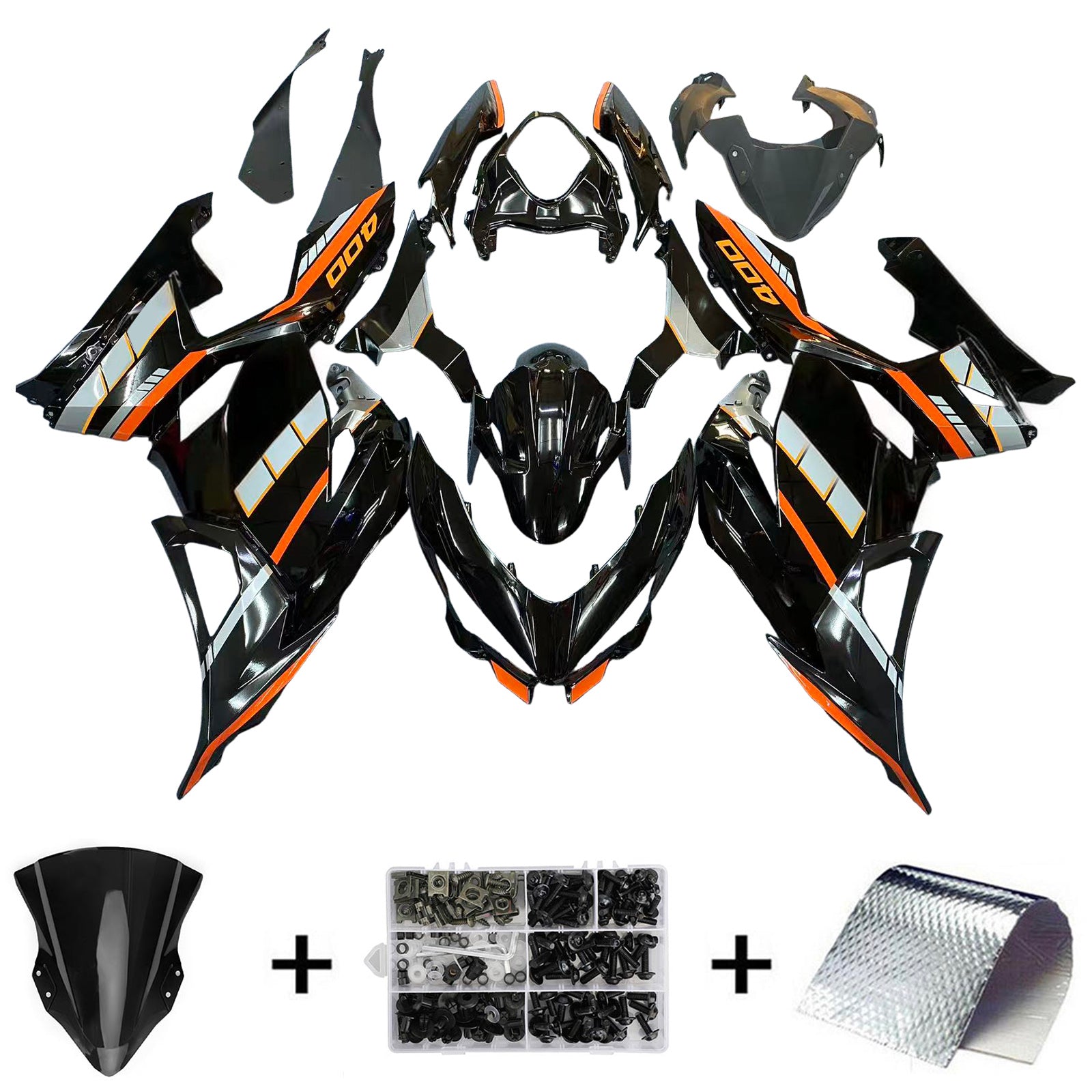 Amotopart 2018-2024 Kawasaki EX400 Ninja400 Black with Orange Letter Fairing Kit
