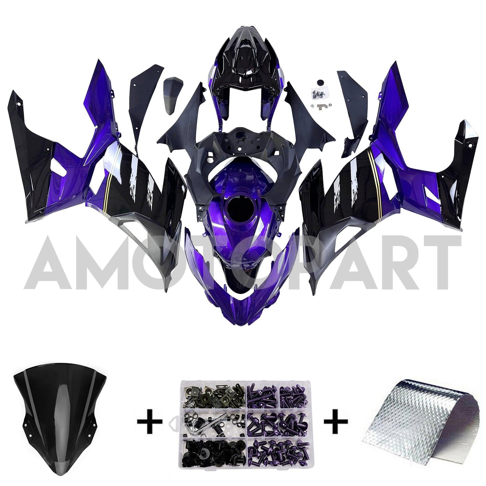 Amotopart 2018–2024 Kawasaki EX400 Ninja400 Schwarz Dunkelviolettes Verkleidungsset