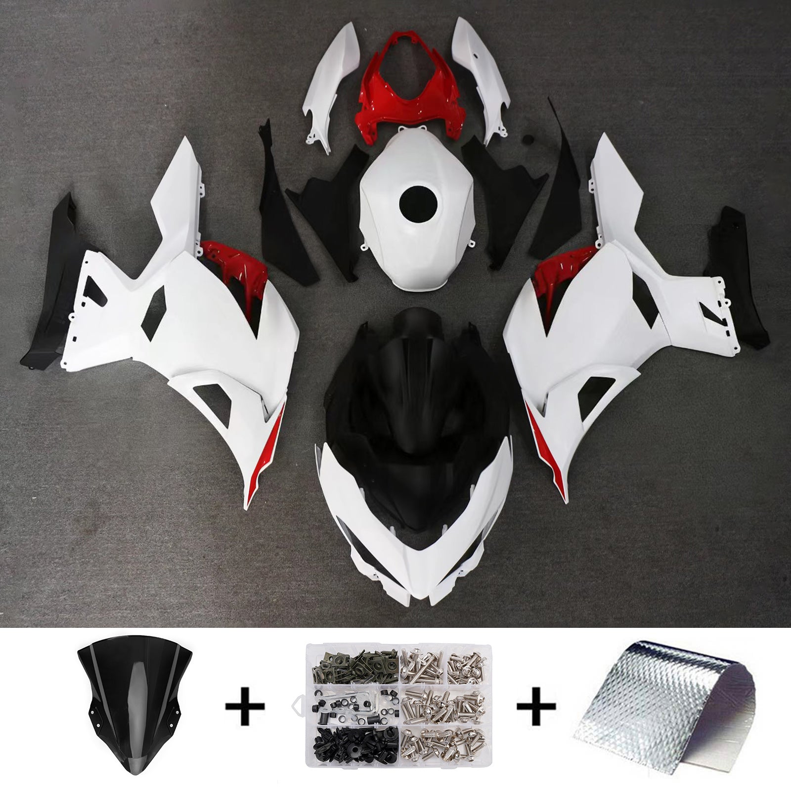 Amotopart 2018–2024 Kawasaki EX400/Ninja400 Weiß Rot Schwarz Verkleidungsset