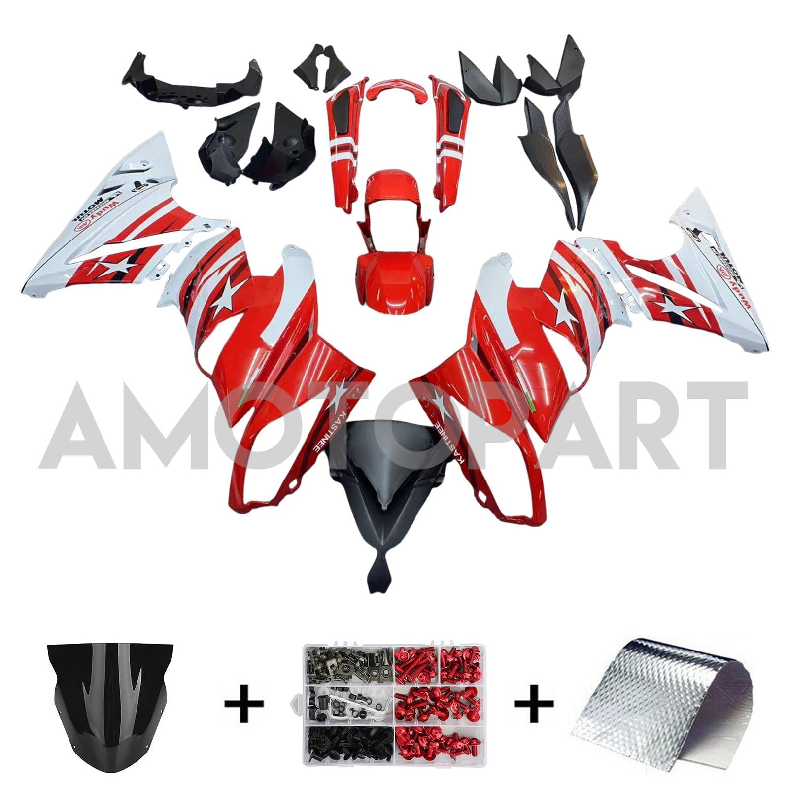 Amotopart 2009-2011 Kawasaki Ninja650 EX650 Red Black & White Star Fairing Kit