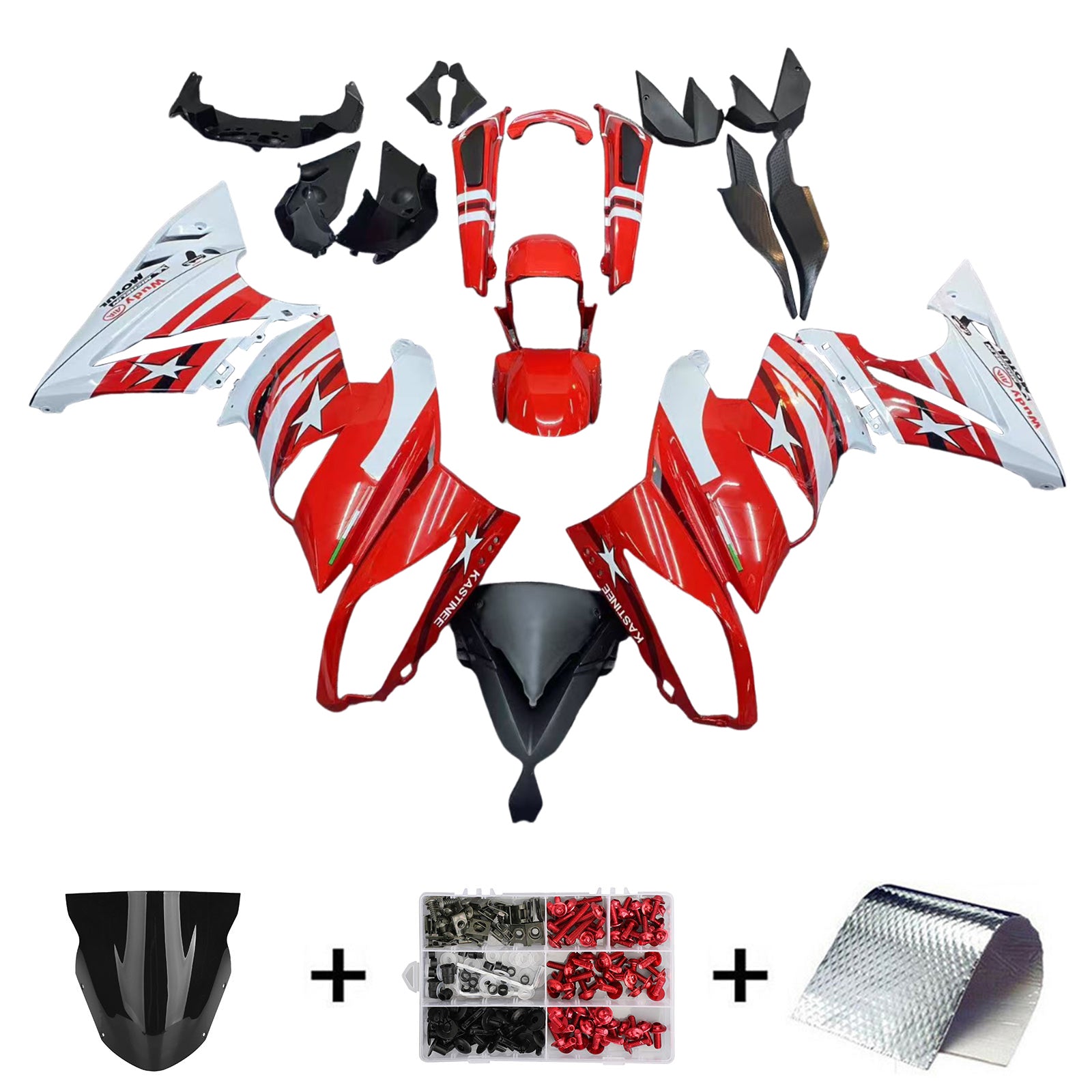 Amotopart 2009-2011 Kawasaki Ninja650 EX650 Rouge Noir & Kit de carénage White Star