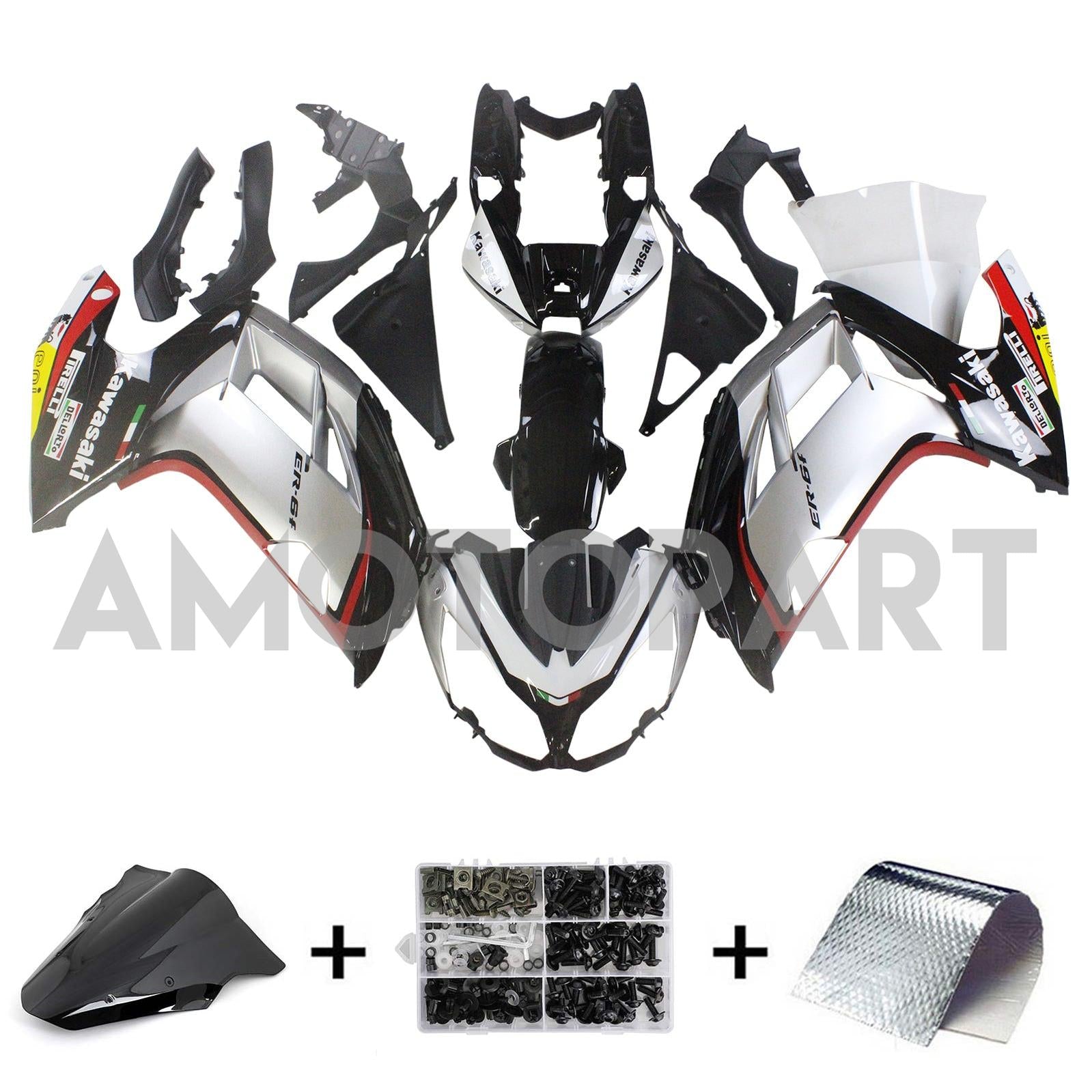 Amotopart 2012-2016 Kawasaki NInja 650 Kit de carenado multicolor negro plateado