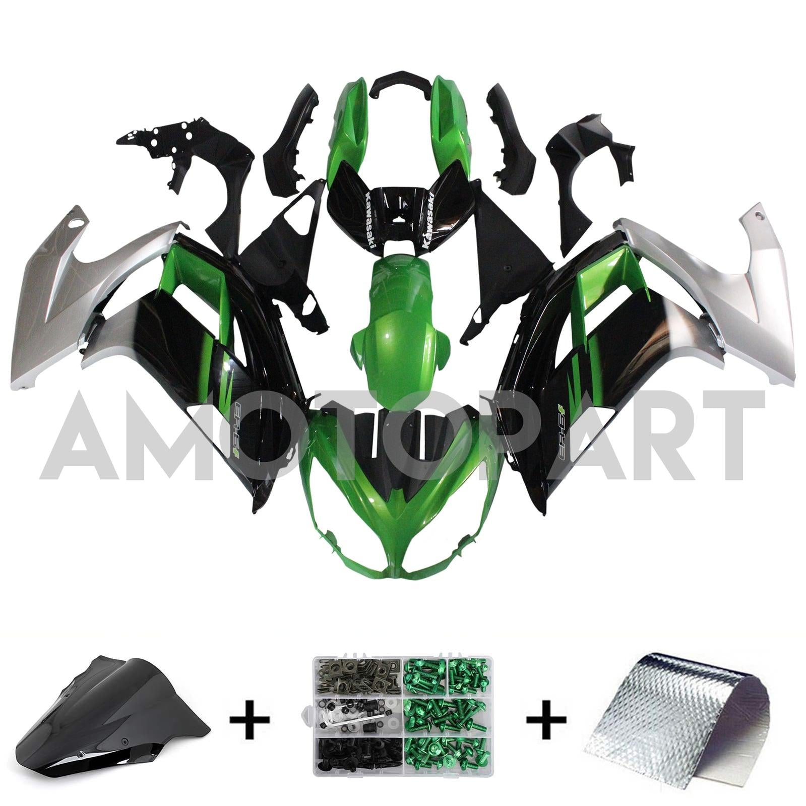Amotopart 2012-2016 Kawasaki Ninja 650 Kit de carenado verde negro plateado