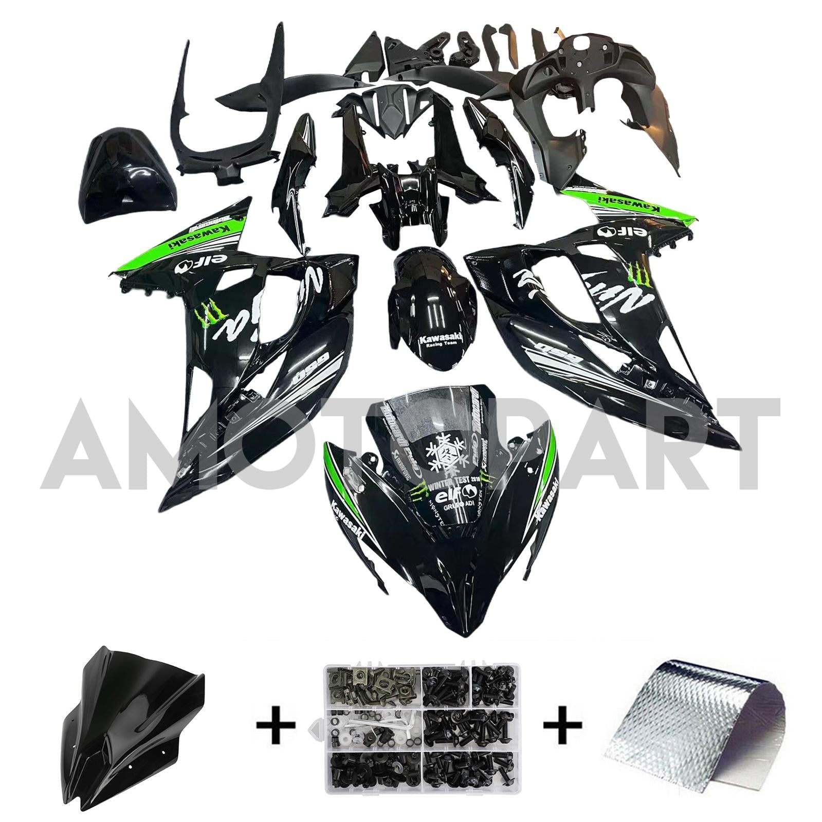 Amotopart 2017-2019 Kawasaki ER6F/Ninja 650R Black & Green Style4 Failing Kit