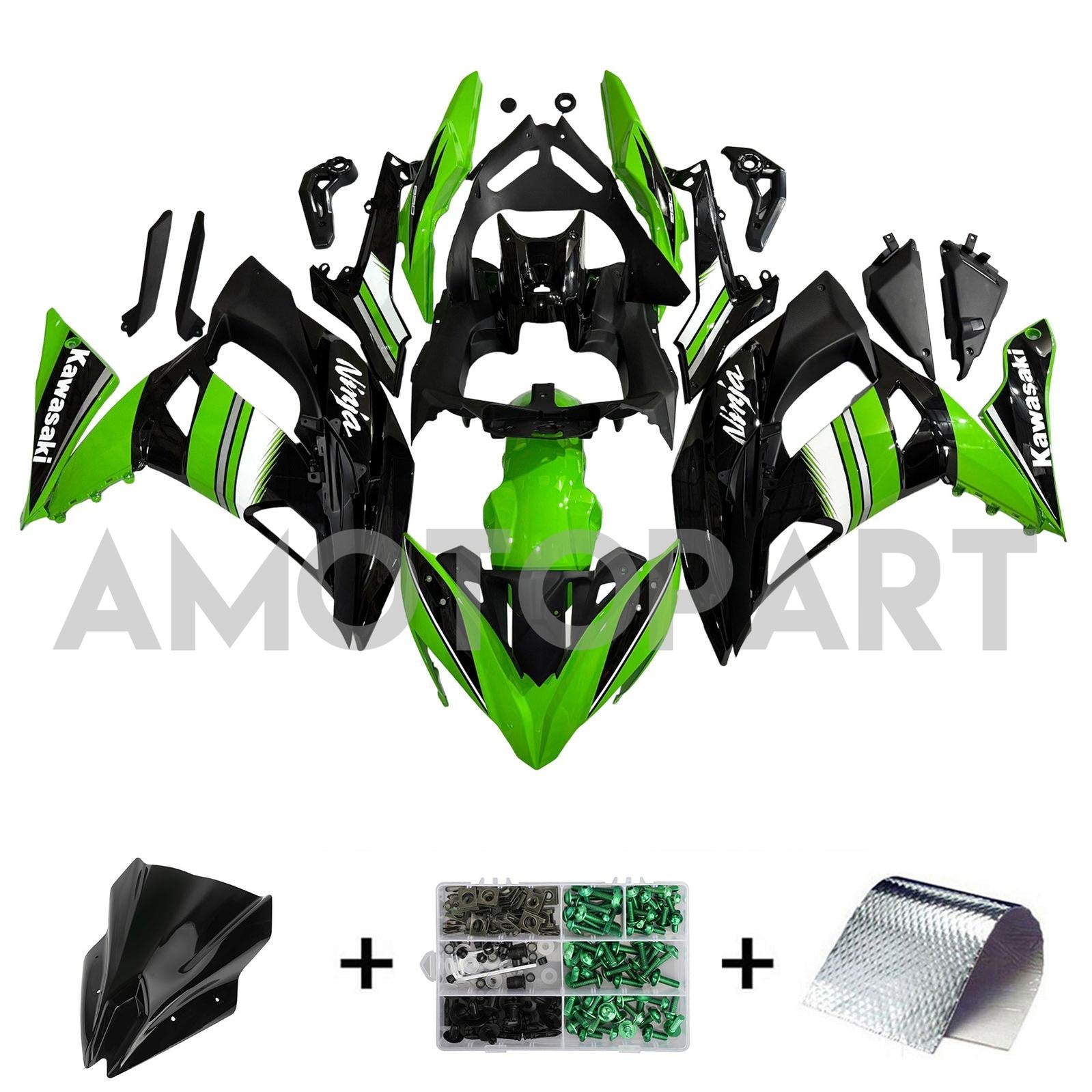 Amotopart 2017-2019 Kawasaki ER6F/Ninja650R Black&Green Style2 Fairing Kit