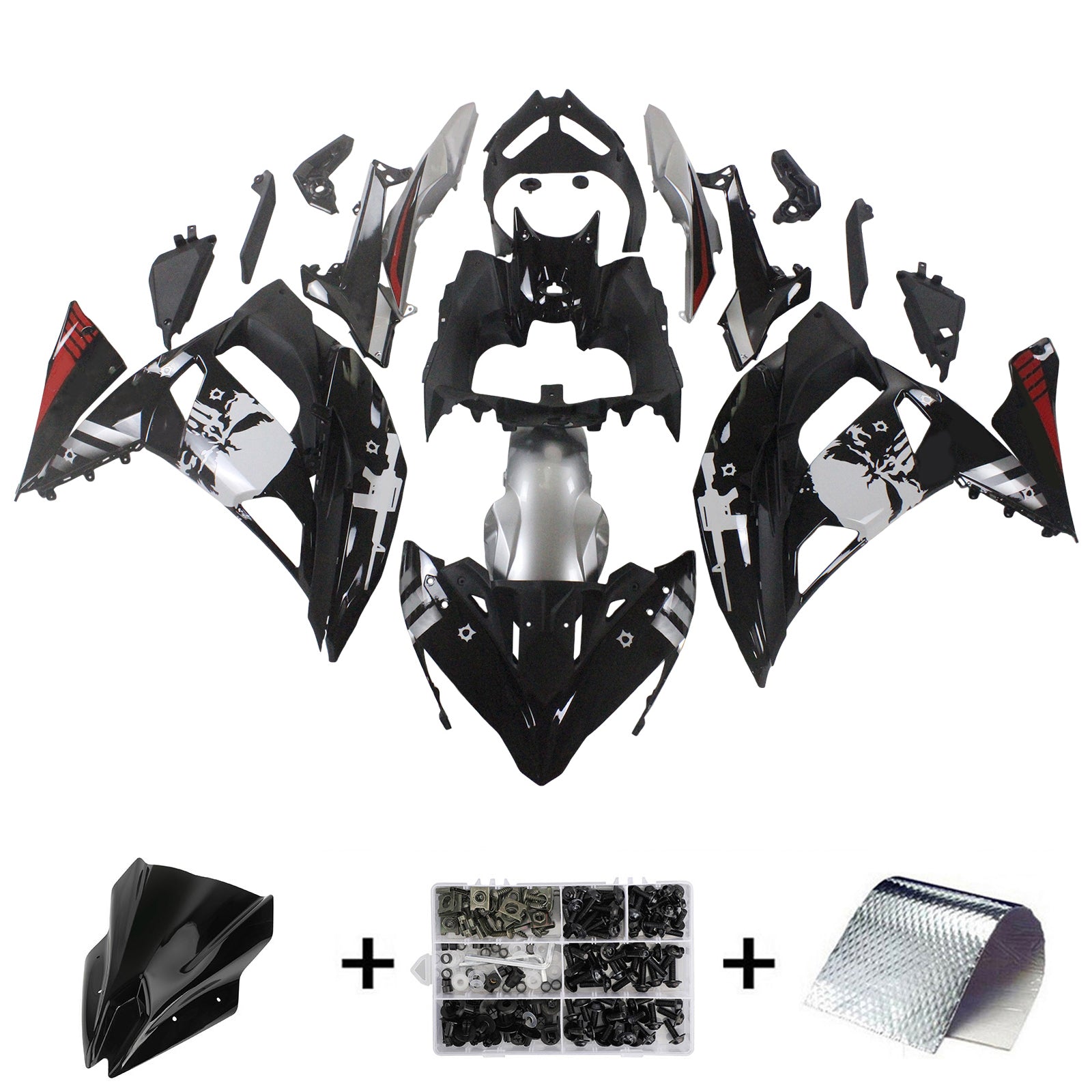Amotopart 2017-2019 Kawasaki ER6F/Ninja650R Black with Skull Fairing Kit