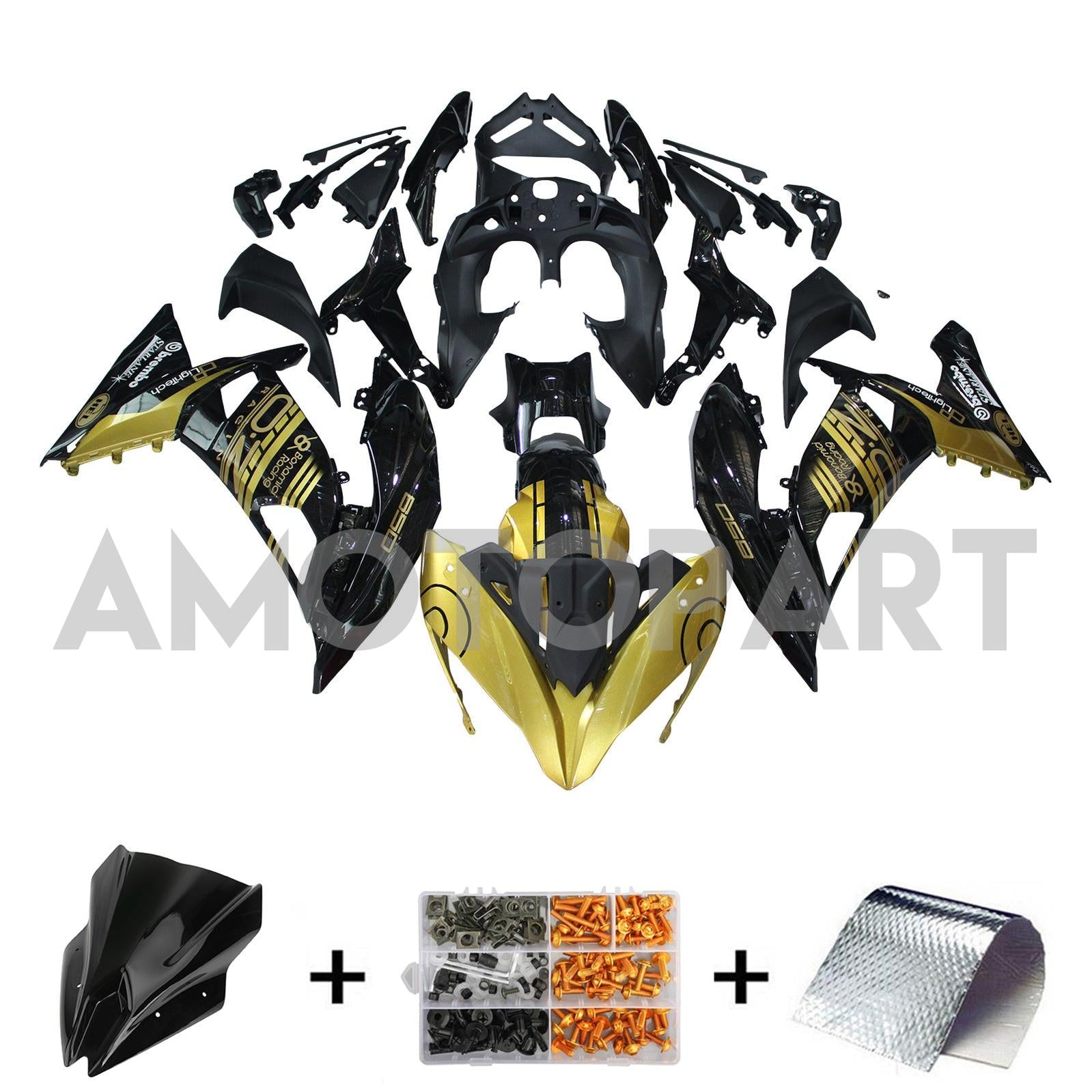 Amotopart 2017-2019 Kawasaki ER6F/Ninja650R Kit de carenado negro dorado