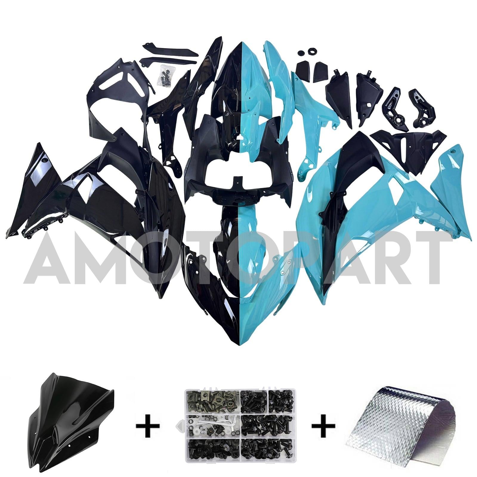 Amotopart 2017-2019 Kawasaki Ninja 650R ER6F Black Light Blue Fairing Kit