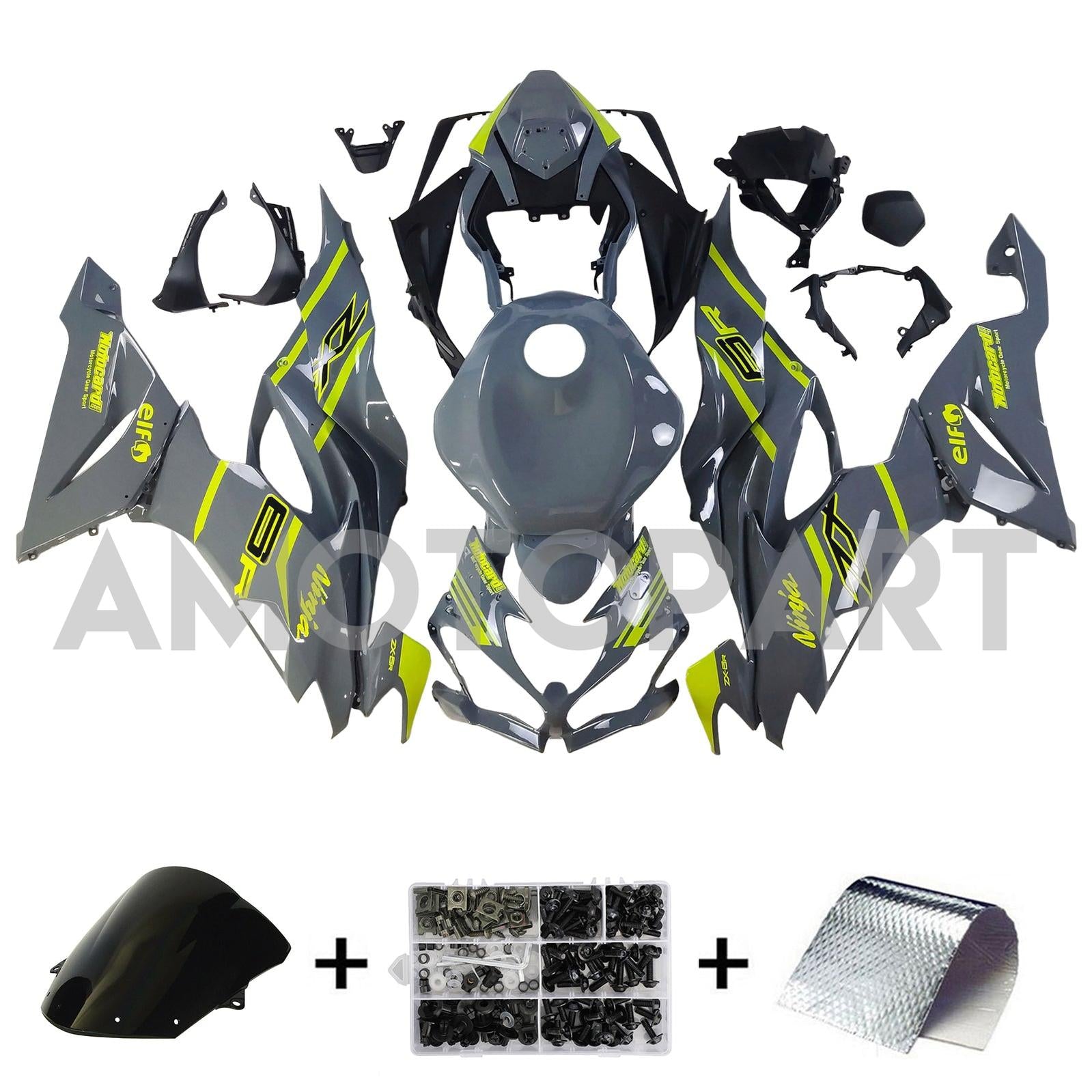 Amotopart 2019-2023 Kawasaki ZX6R Gray Yellow Fairing Kit