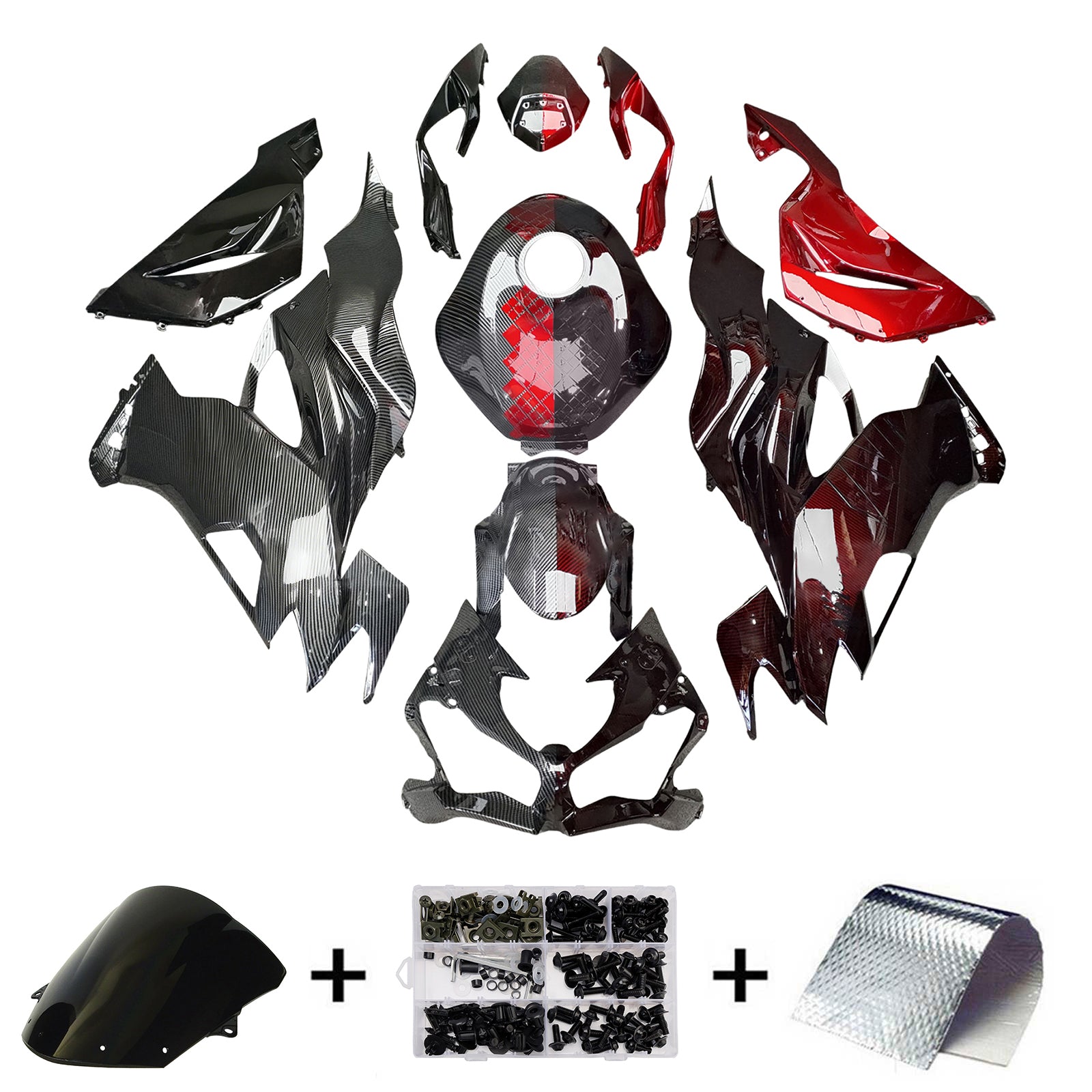 Amotopart 2019-2023 Kawasaki ZX6R Red & Carbon Fiber Pattern Fairing Kit
