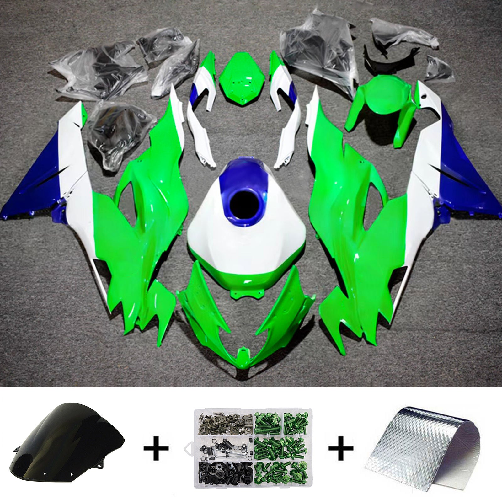Amotopart 2019–2023 Kawasaki ZX6R Grün Weiß Blau Verkleidungsset