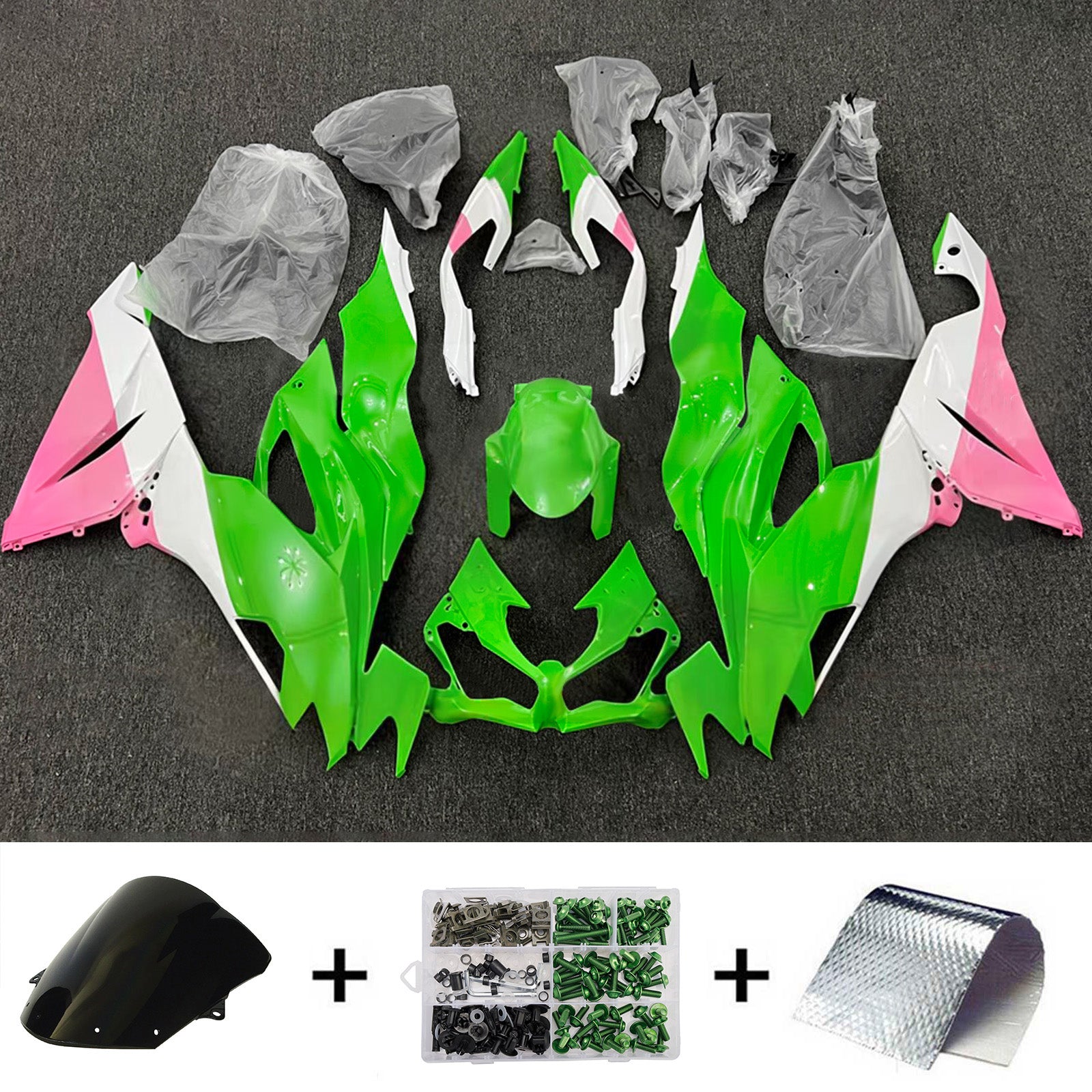 Kit de carénage Amotopart 2019-2023 Kawasaki ZX6R vert rose blanc