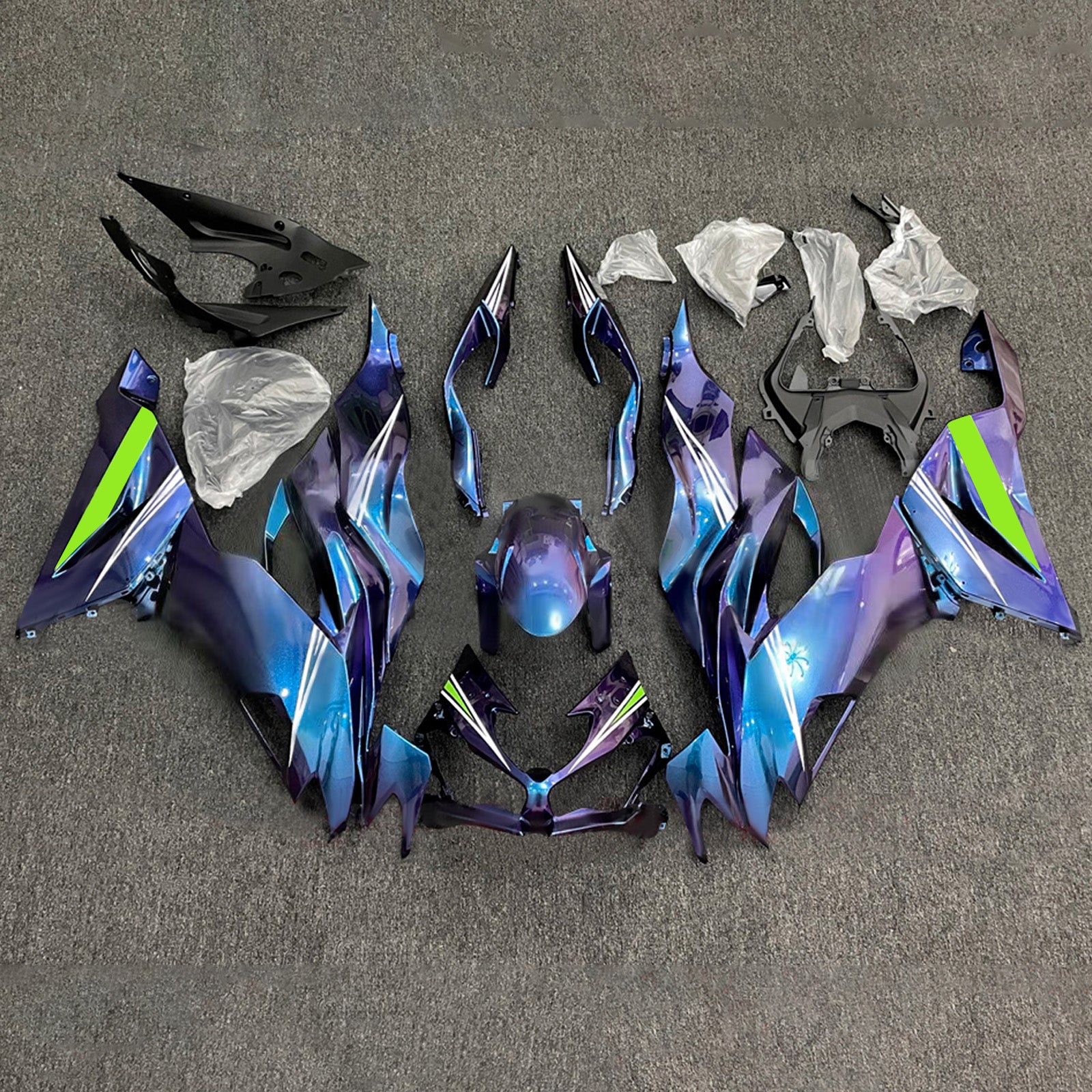 Amotopart 2019–2023 Kawasaki ZX6R Blau Lila Chamäleon Verkleidungsset