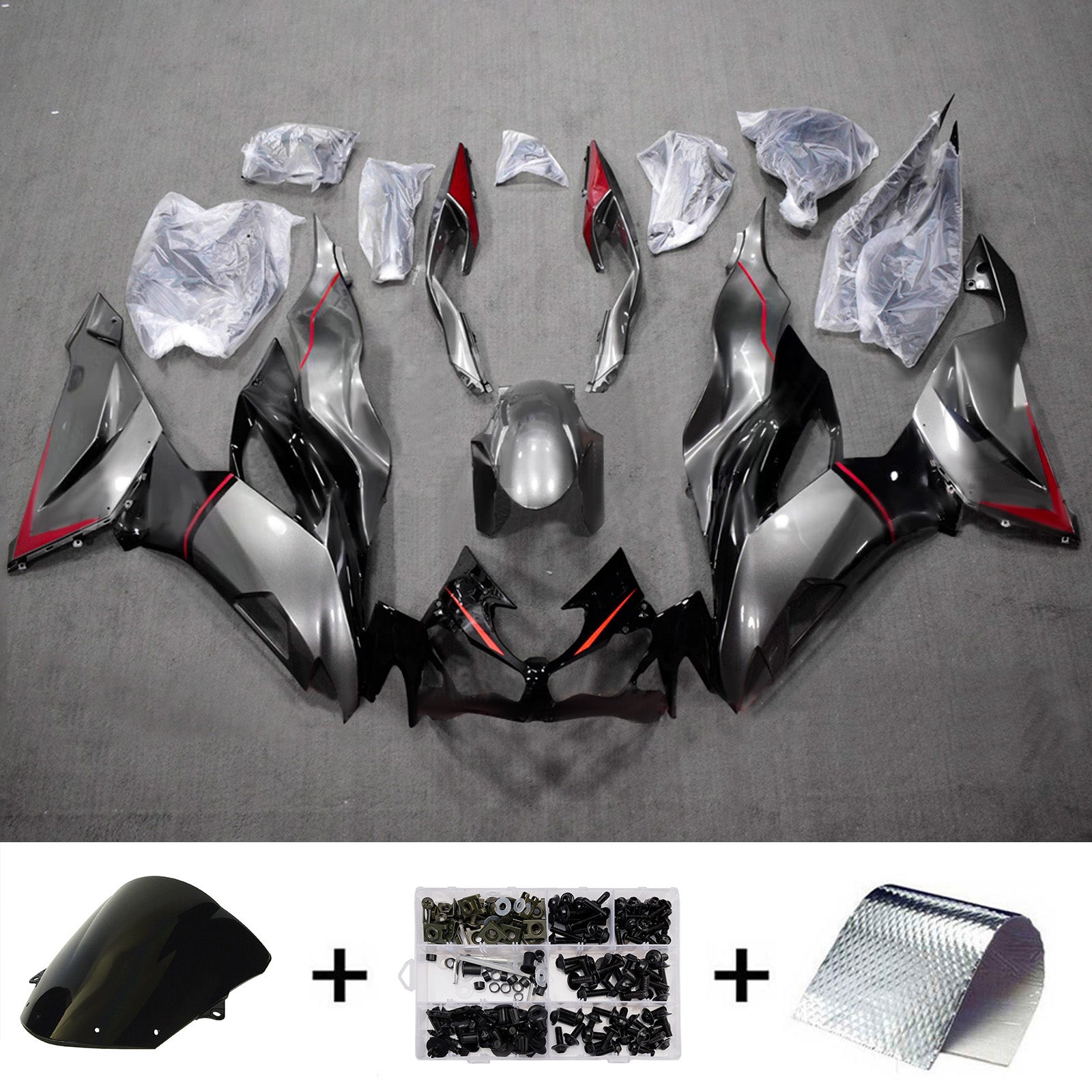 Amotopart 2019–2023 Kawasaki ZX6R Grau Schwarz Rot Verkleidungsset
