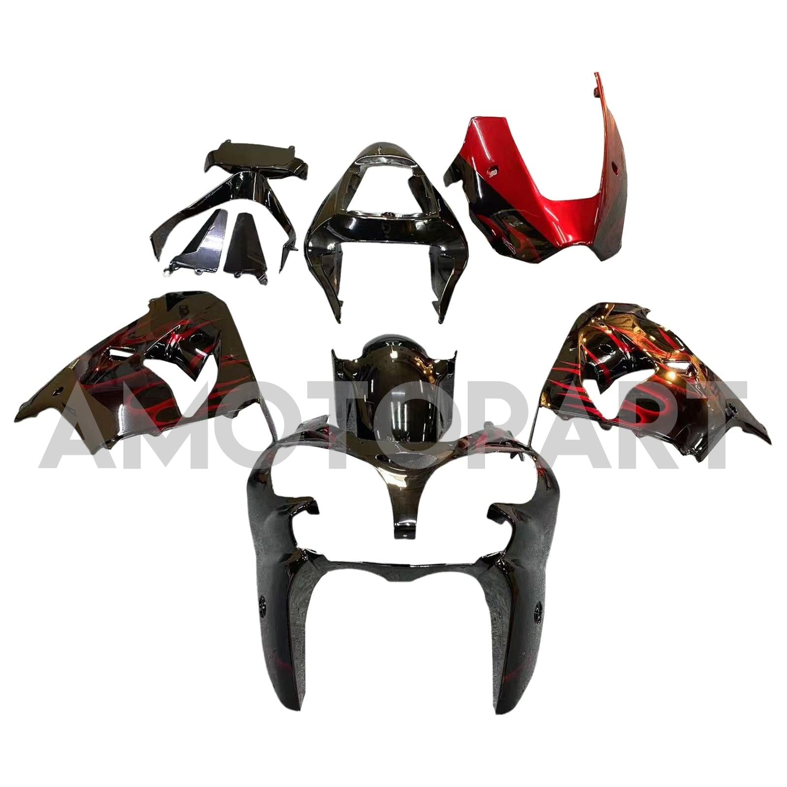 Amotopart 2002-2003 Kawasaki ZX9R Svart med Red Flame Fairing Kit