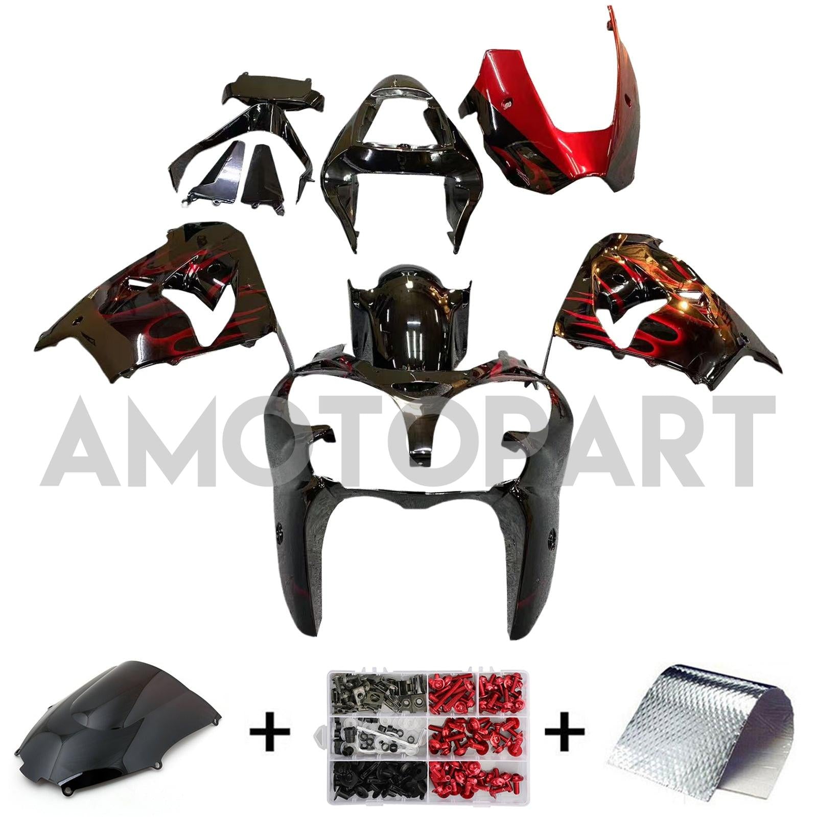 Amotopart 2002-2003 Kawasaki ZX9R Black with Red Flame Fairing Kit