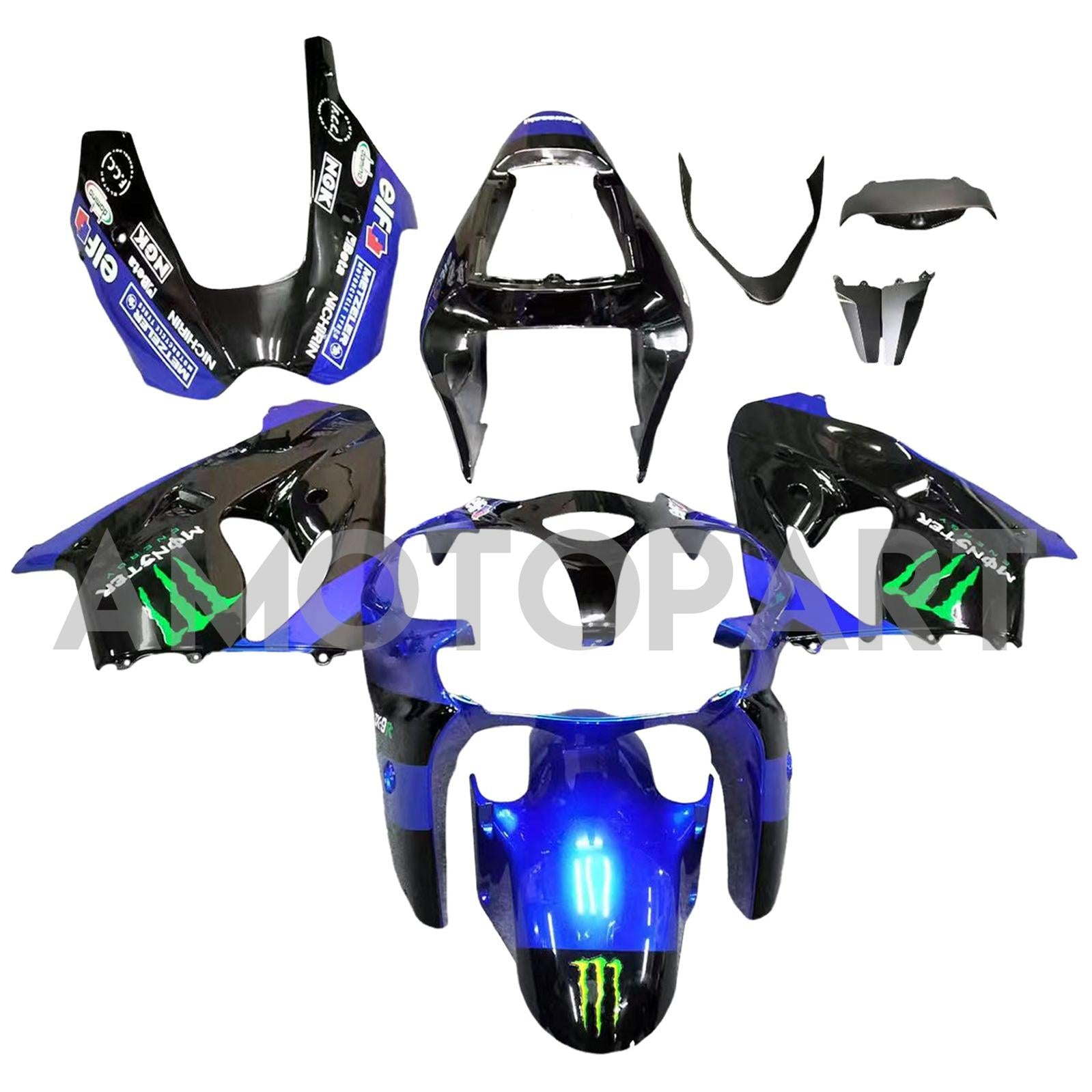 Amotopart 2002-2003 Kawasaki ZX9R Black & Blue Monster Style1 Fairing Kit