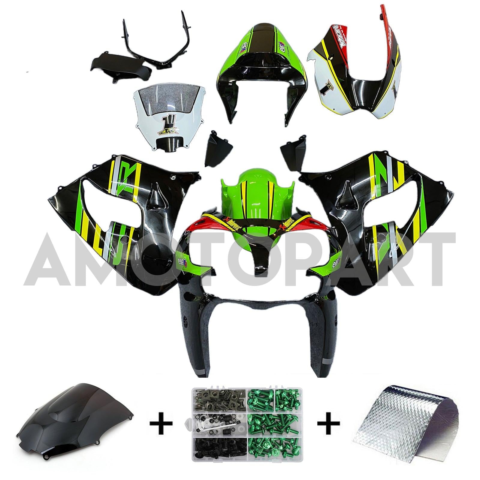 Amotopart 2002-2003 Kawasaki ZX9R Black&Green Style2 Fairing Kit