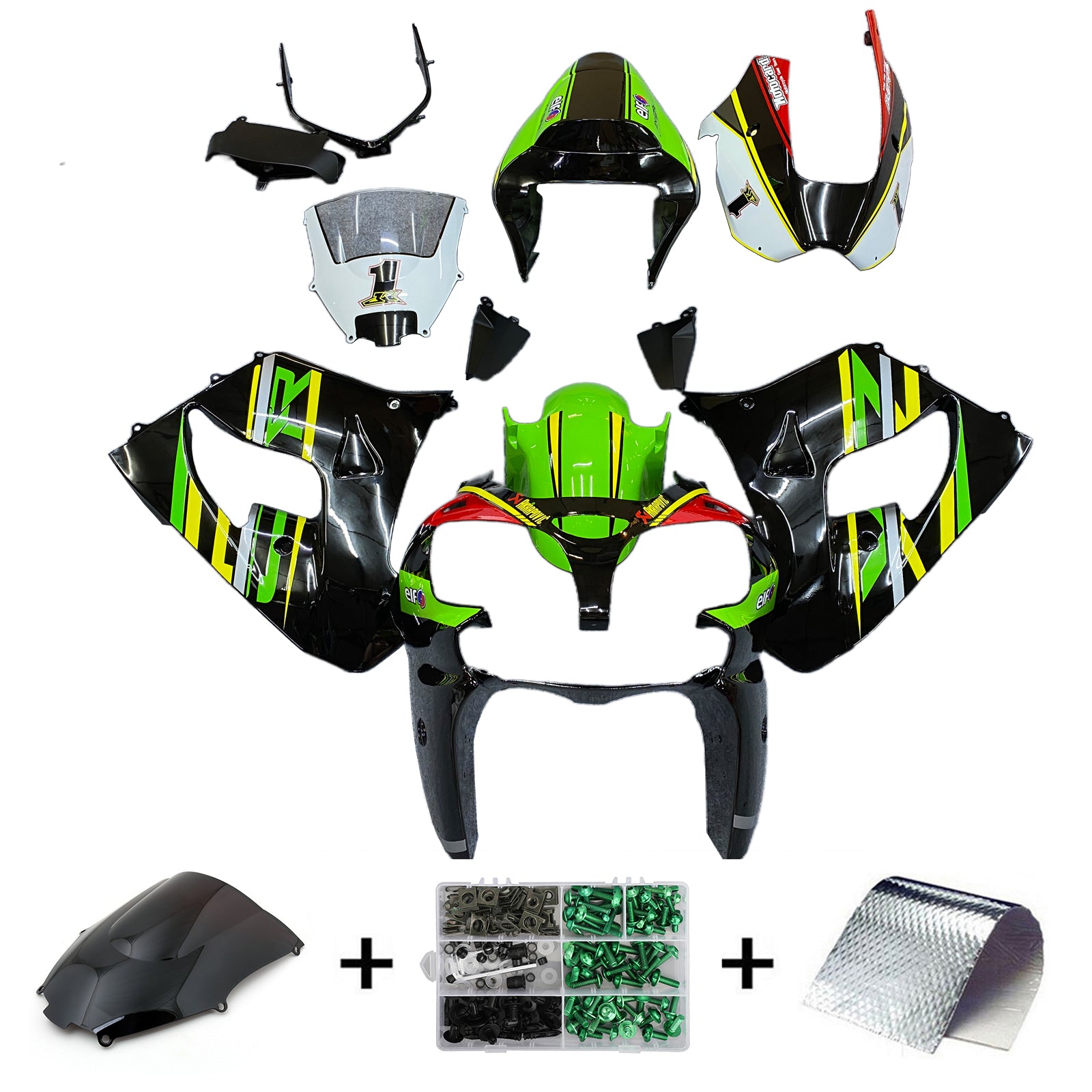 Amotopart 2002-2003 Kawasaki ZX9R Black & Green Style2 Zestaw owiewki
