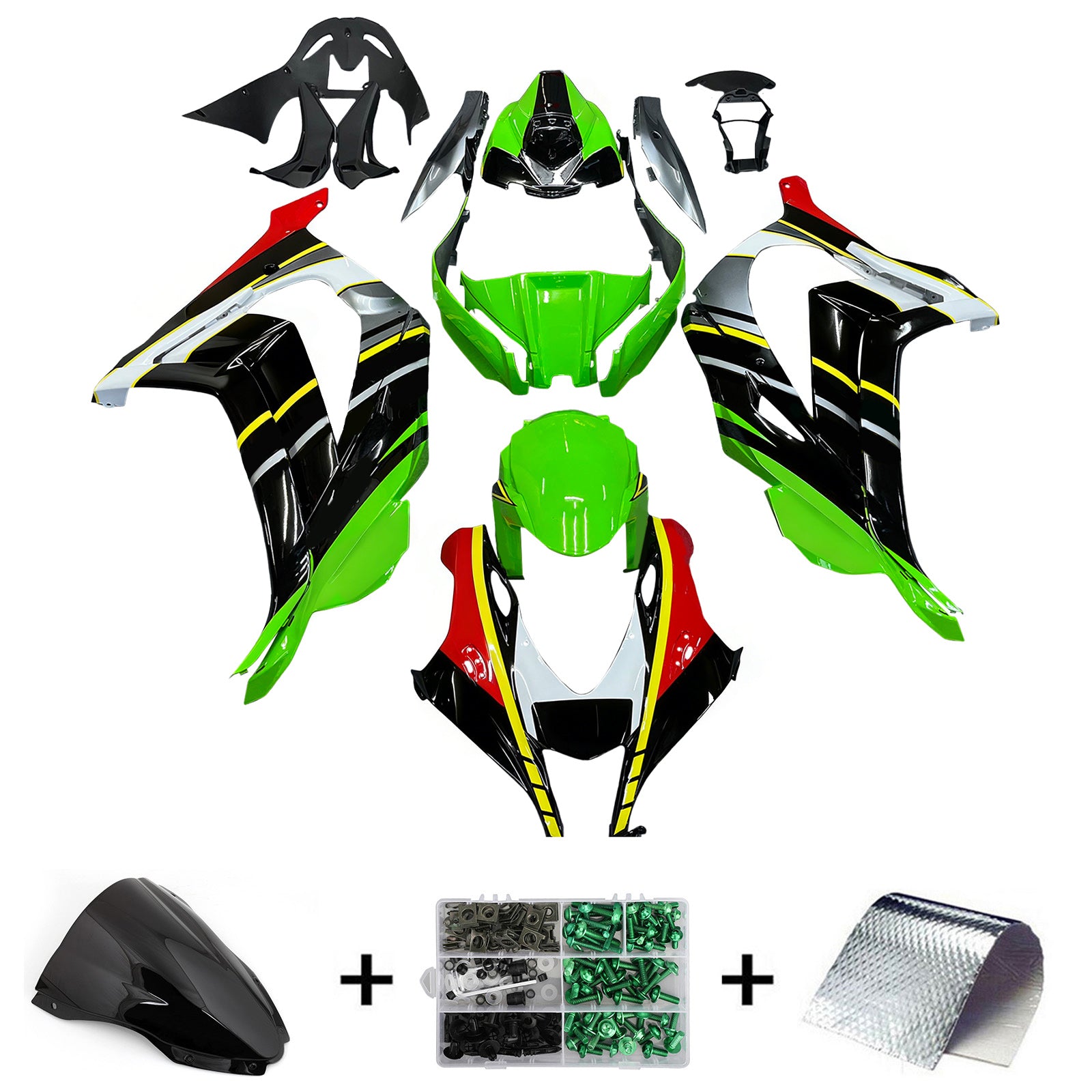 Amotopart 2016-2020 Kawasaki ZX10R Black&Green Style9 Fairing Kit