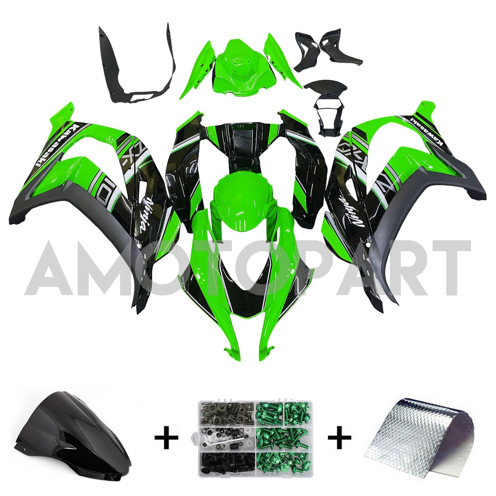 Amotopart 2016-2020 Kawasaki ZX10R Black&Green Style8 Fairing Kit