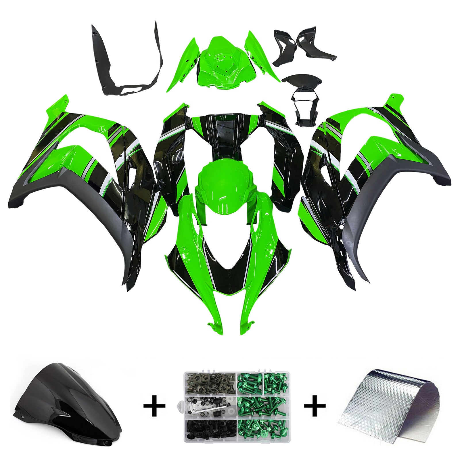 Amotopart 2016-2020 Kawasaki ZX10R Black&Green Style8 Fairing Kit