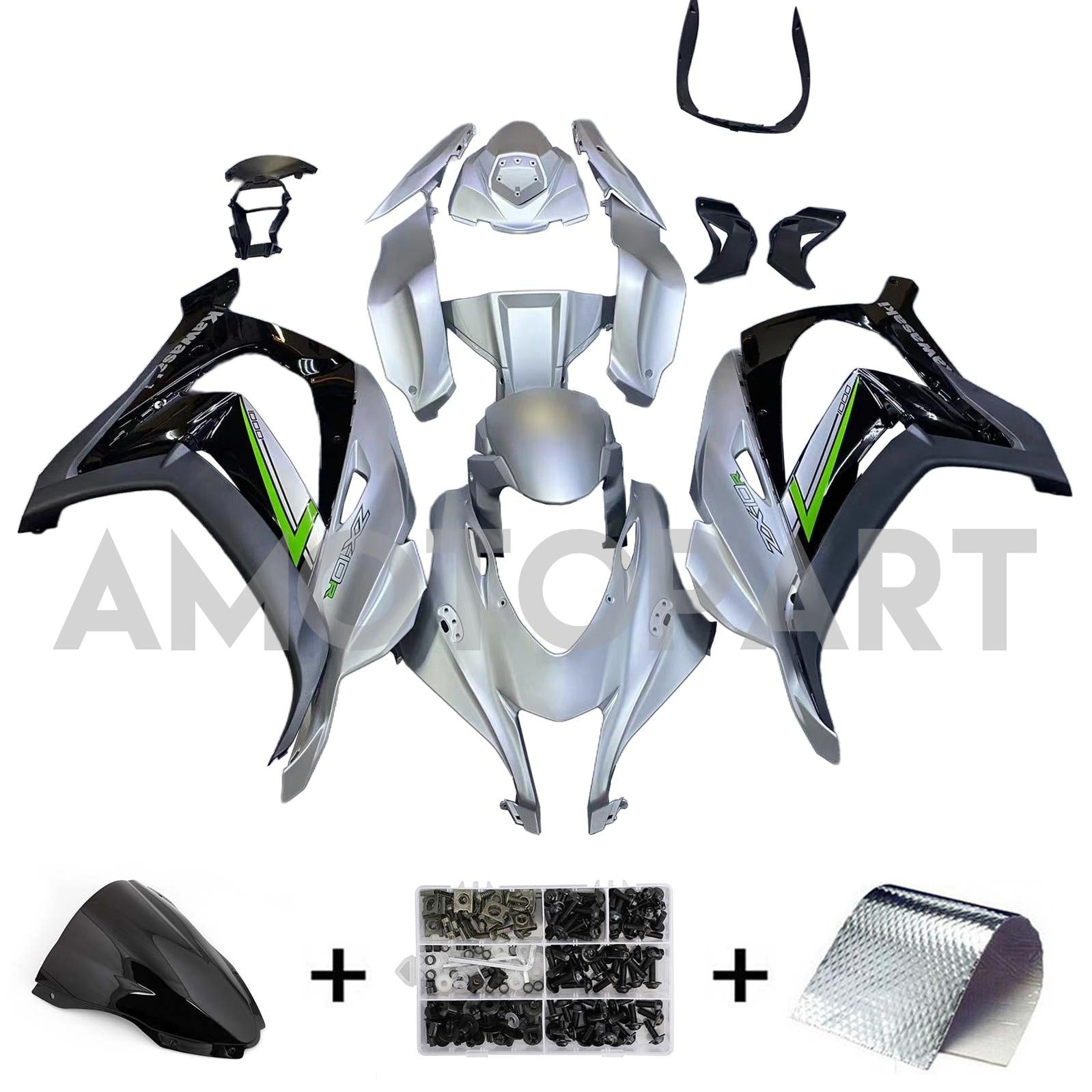 Amotopart 2016-2020 ZX10R Kawasaki Silver&Black Fairing Kit