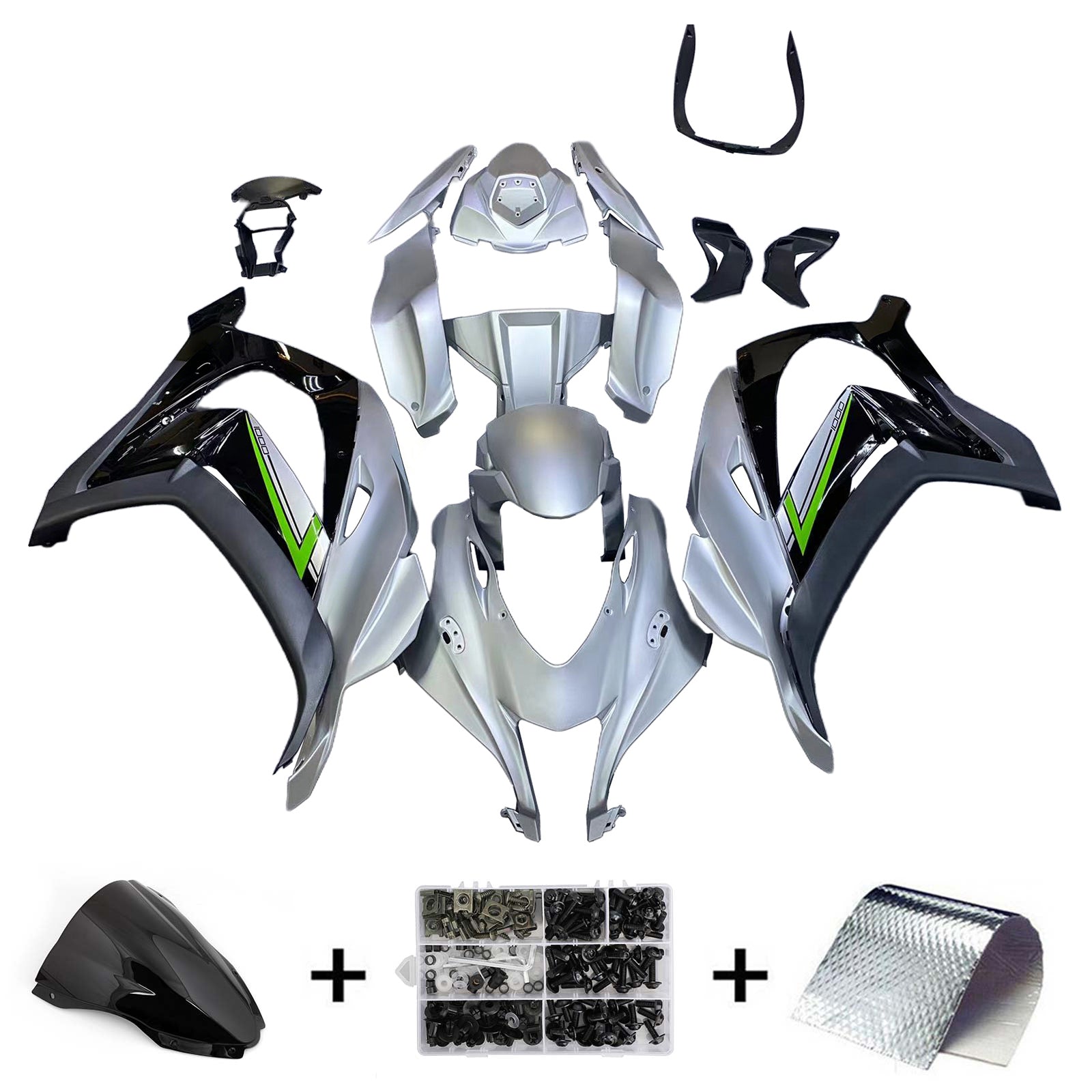 Amotopart 2016-2020 ZX10R Kawasaki Silver & Black Fair Kit