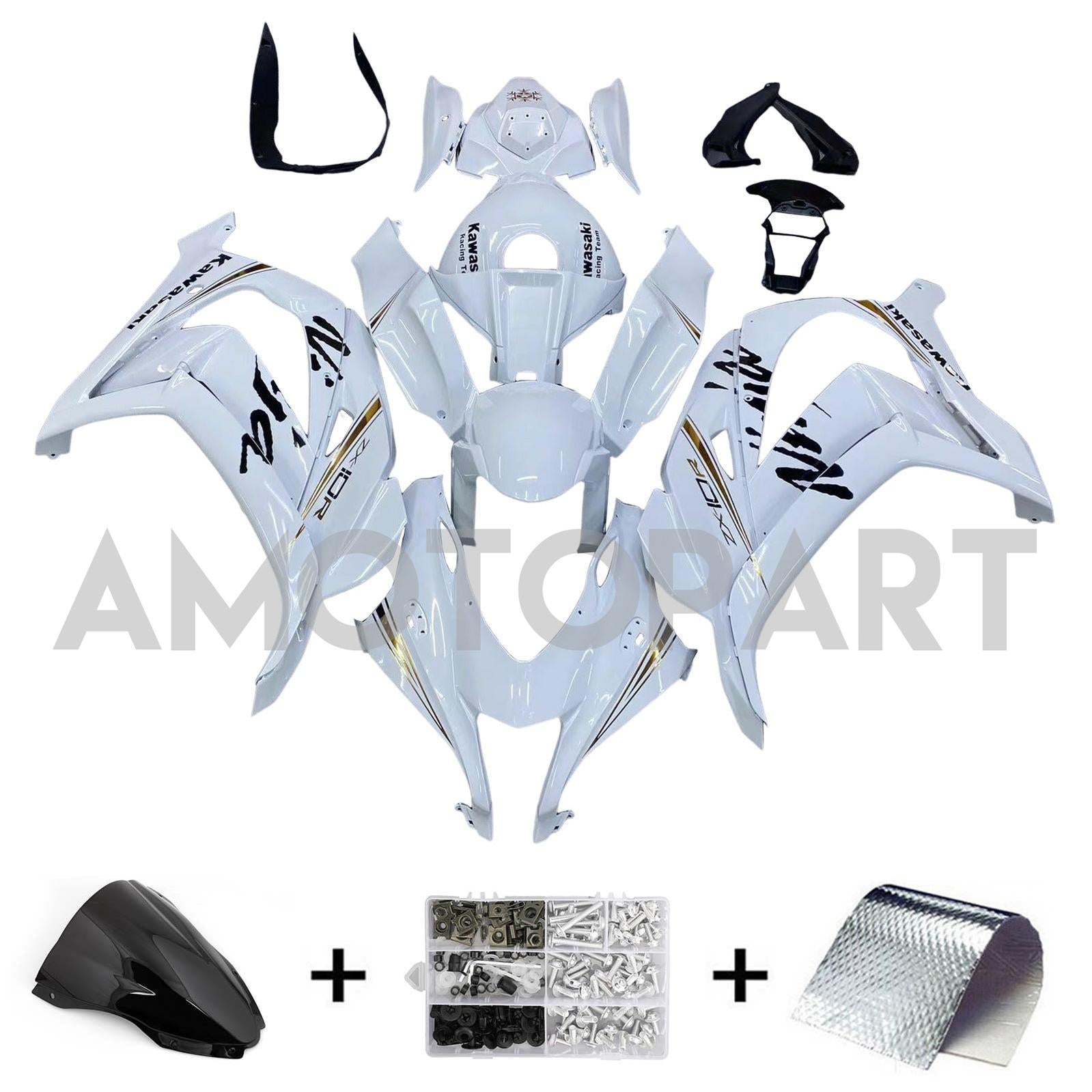 Amotopart 2016-2020 ZX10R Kawasaki White&Black Logo Fairing Kit