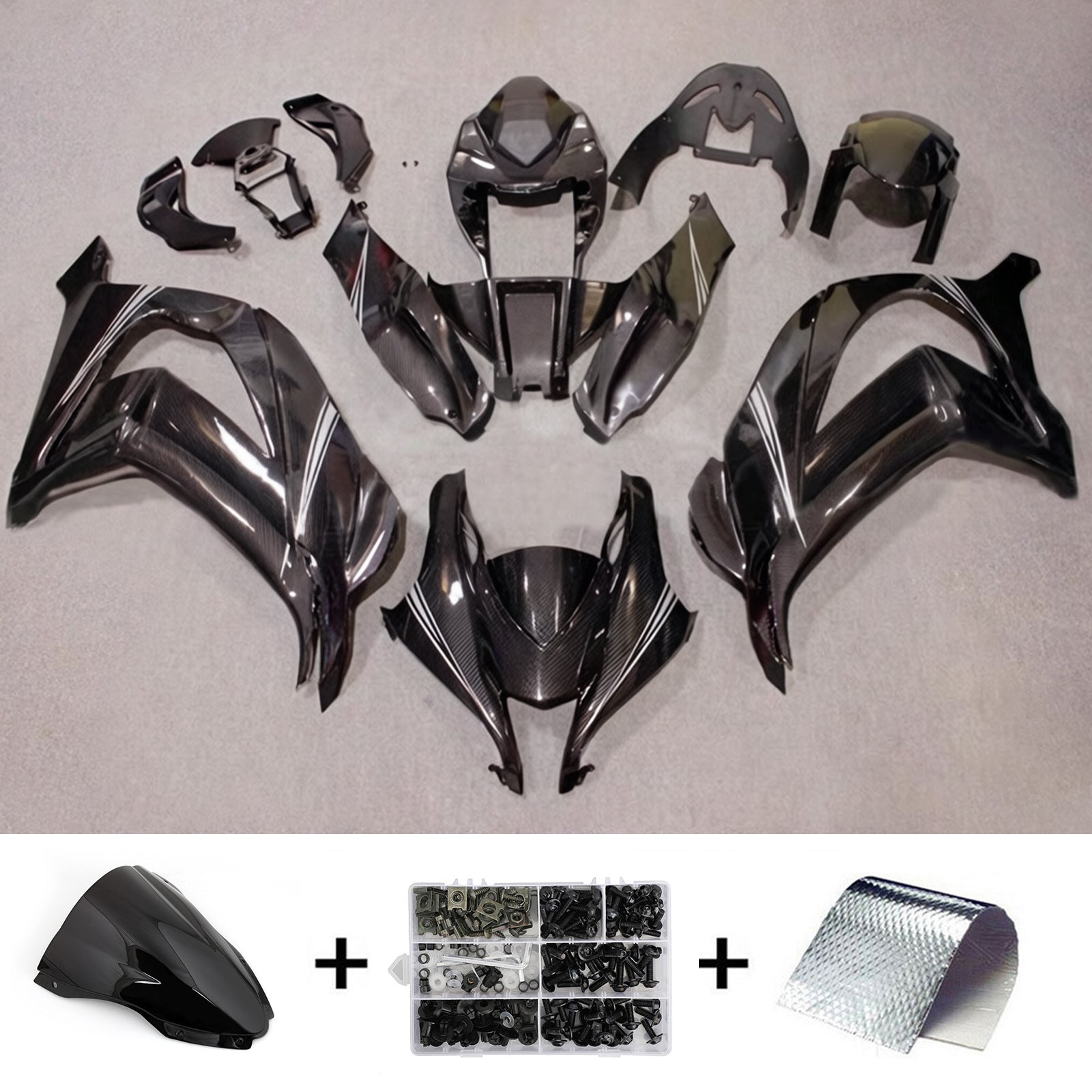 Amotopart 2016–2020 Kawasaki ZX10R Schwarz-weißes Carbonfaser-Muster-Verkleidungsset