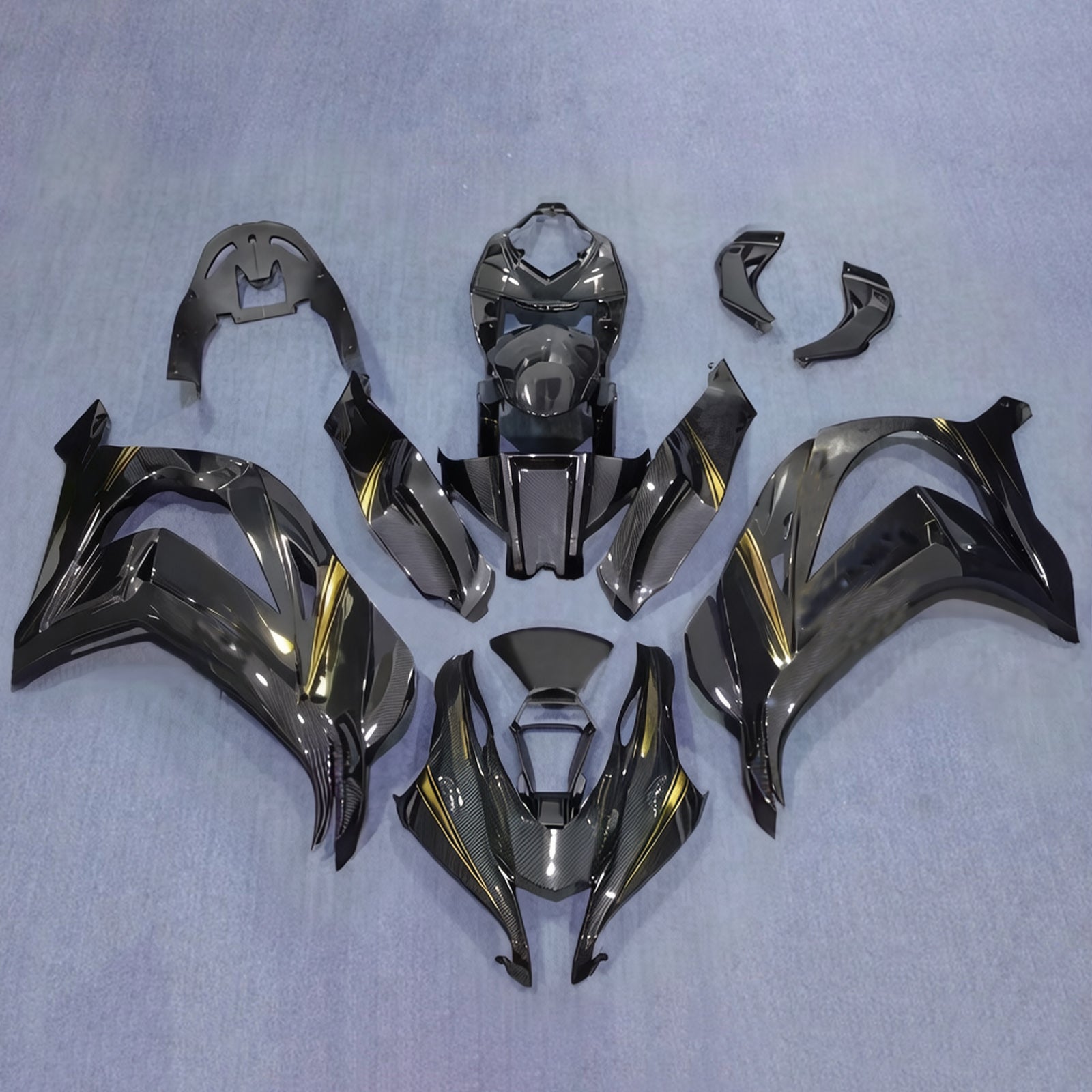 Amotopart 2016–2020 Kawasaki ZX10R Schwarzgold Carbonfaser-Muster-Verkleidungsset