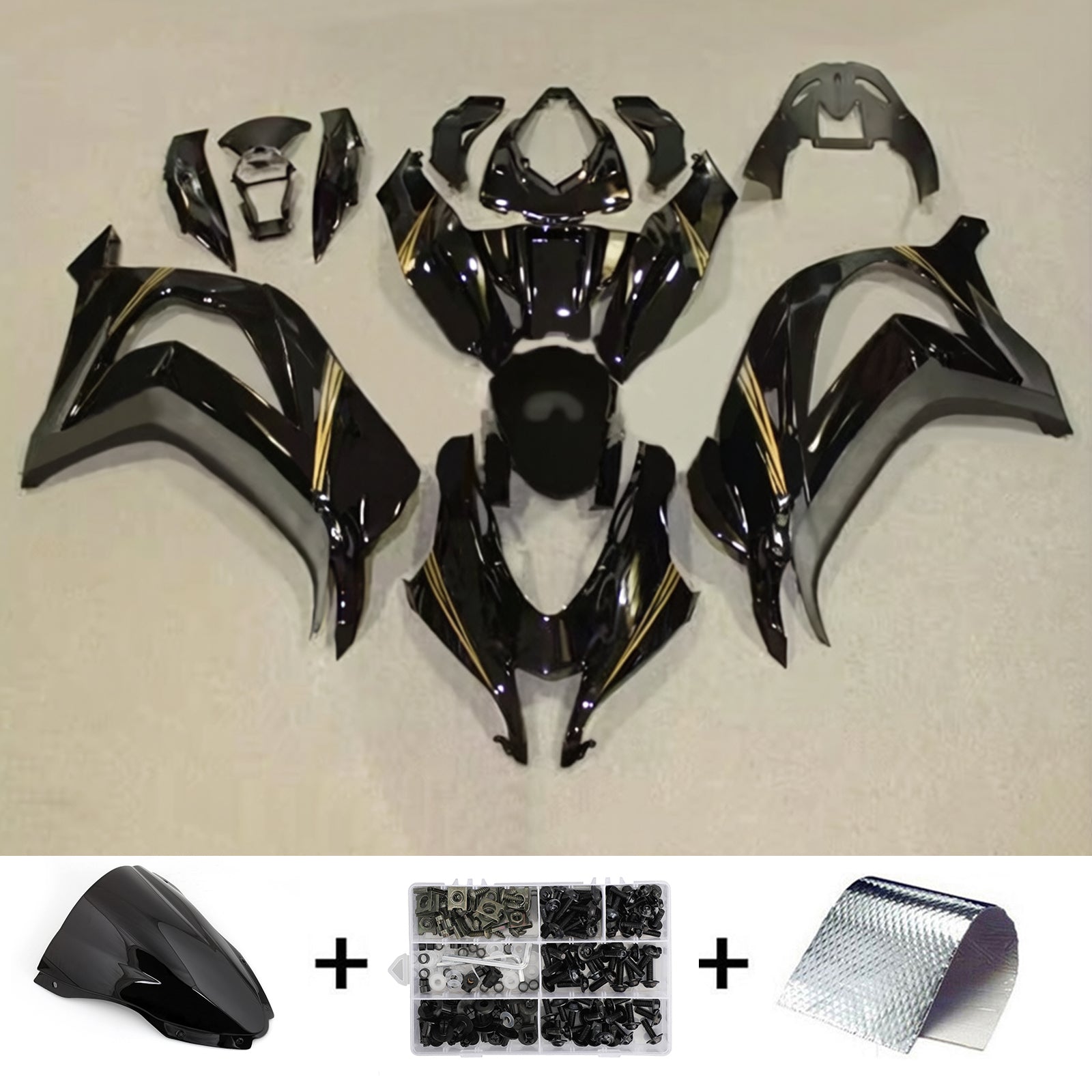 Amotopart 2016-2020 Kawasaki ZX10R Black Gold Fairing Kit