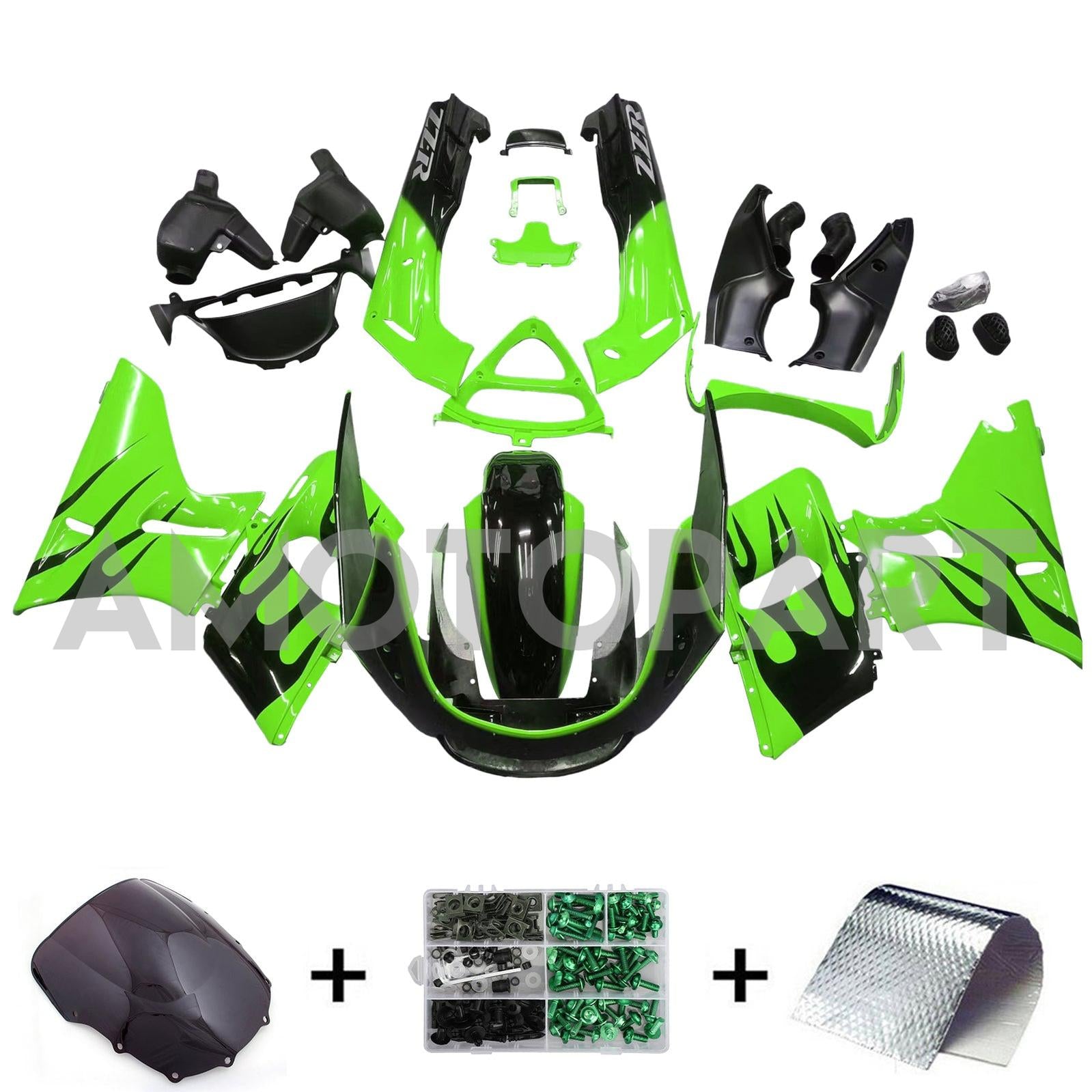 Amotopart ZZR400 1993-2007 ZZR600 1998-2003 Kawasaki Green & Black Flame Style4 Fairing Kit