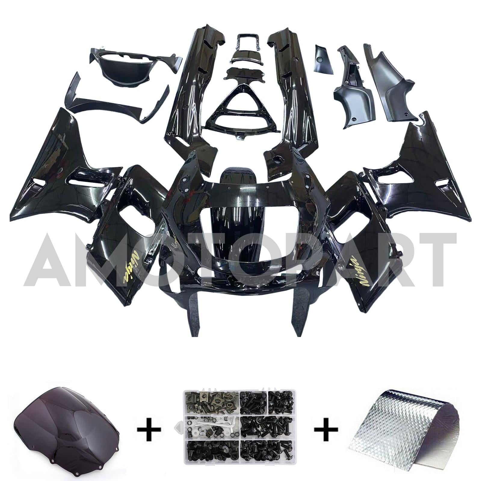 Amotopart ZZR400 1993-2007 ZZR600 1998-2003 Kawasaki Gloss Black with Logo Fairing Kit
