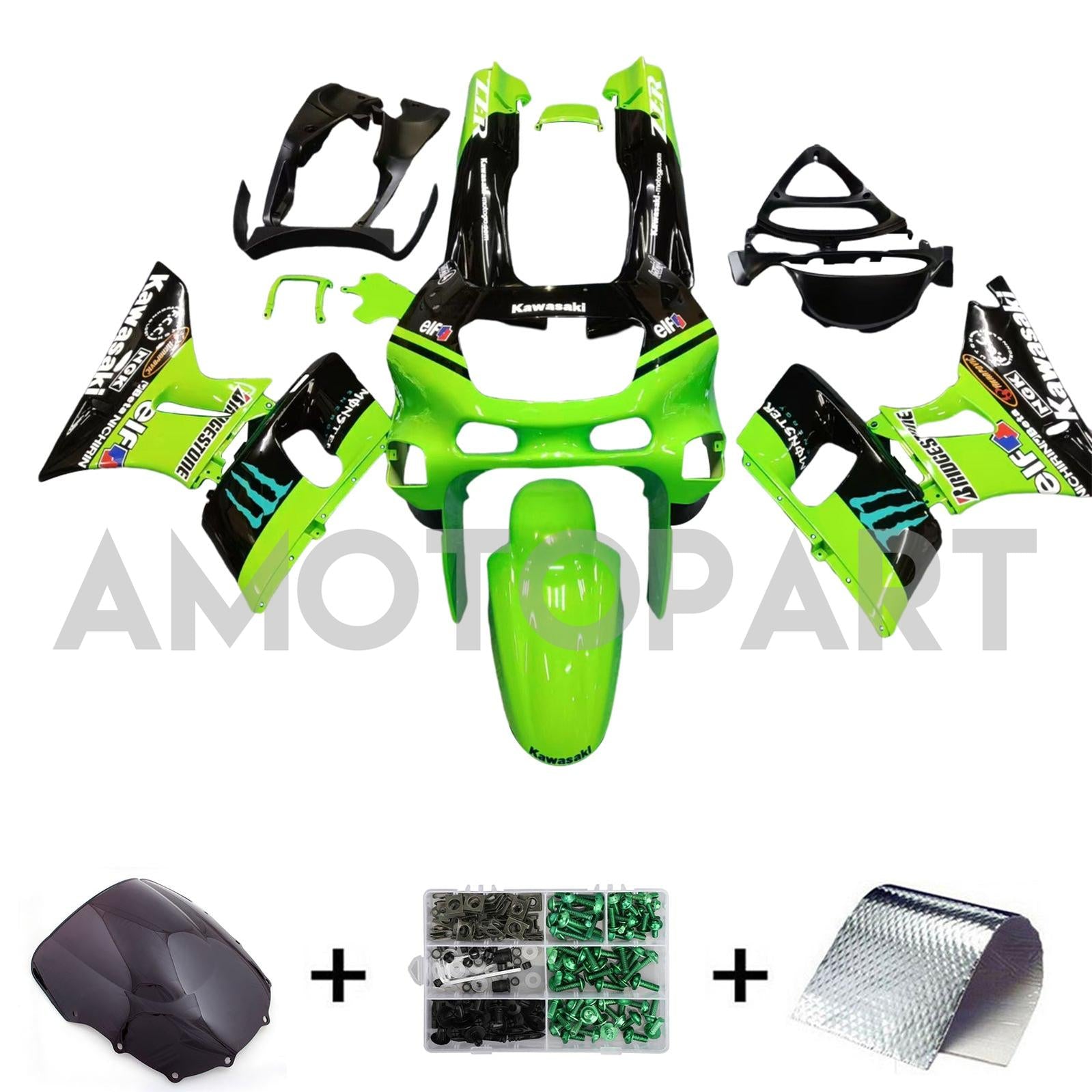 Amotopart ZZR400 1993-2007 ZZR600 1998-2003 Kawasaki Green&Black Style2 Fairing Kit