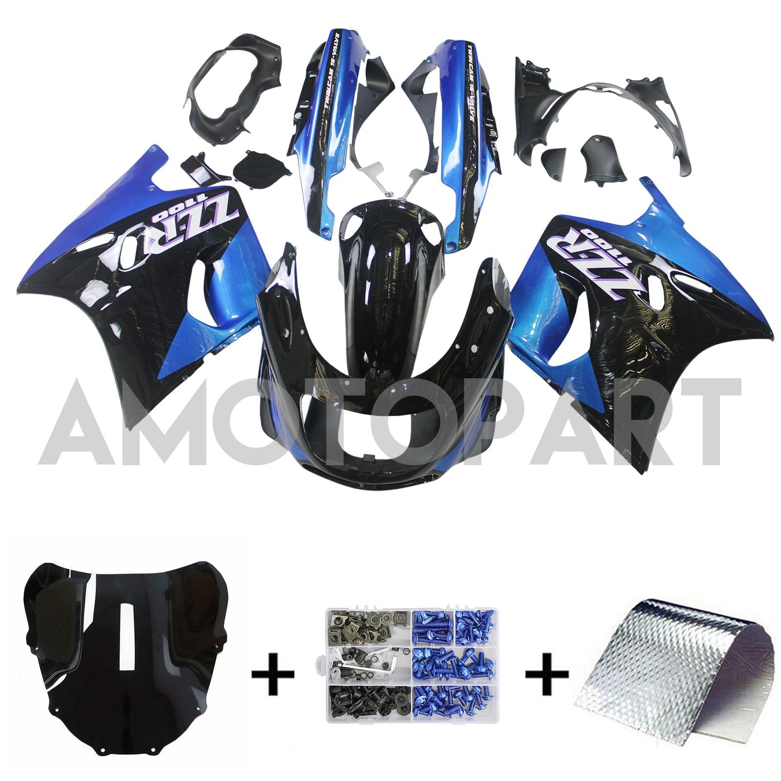 Amotopart 1993-2003 Kawasaki ZZR1100 Bleu&Kit de carénage noir Style3
