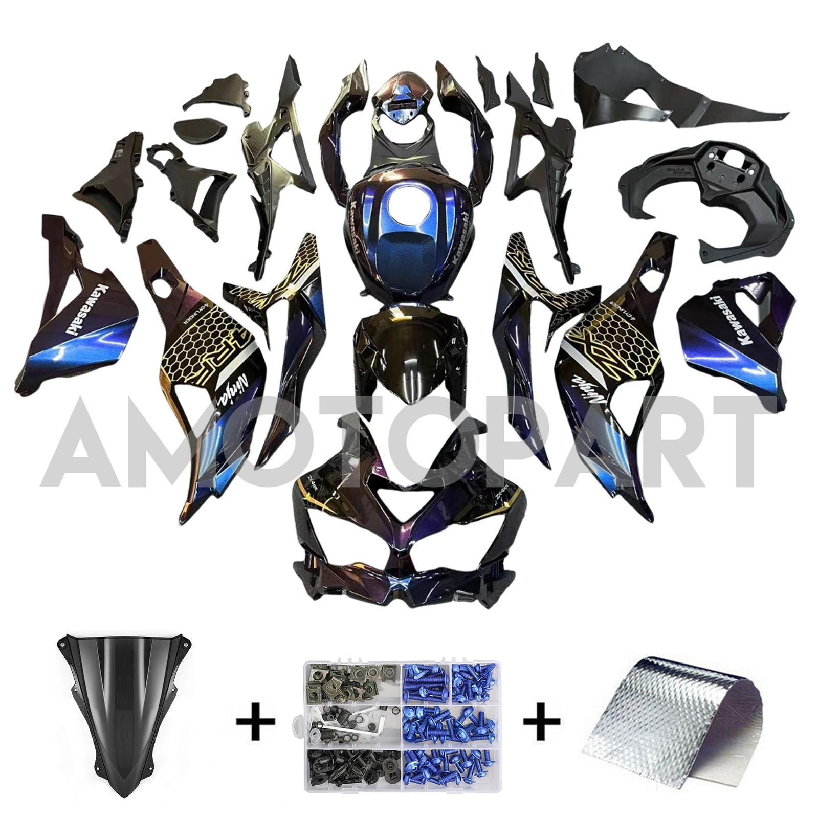 Amotopart 2019-2025 Kawasaki Ninja ZX25R ZX4R ZX4RR Dégradé Violet&Kit de carénage bleu