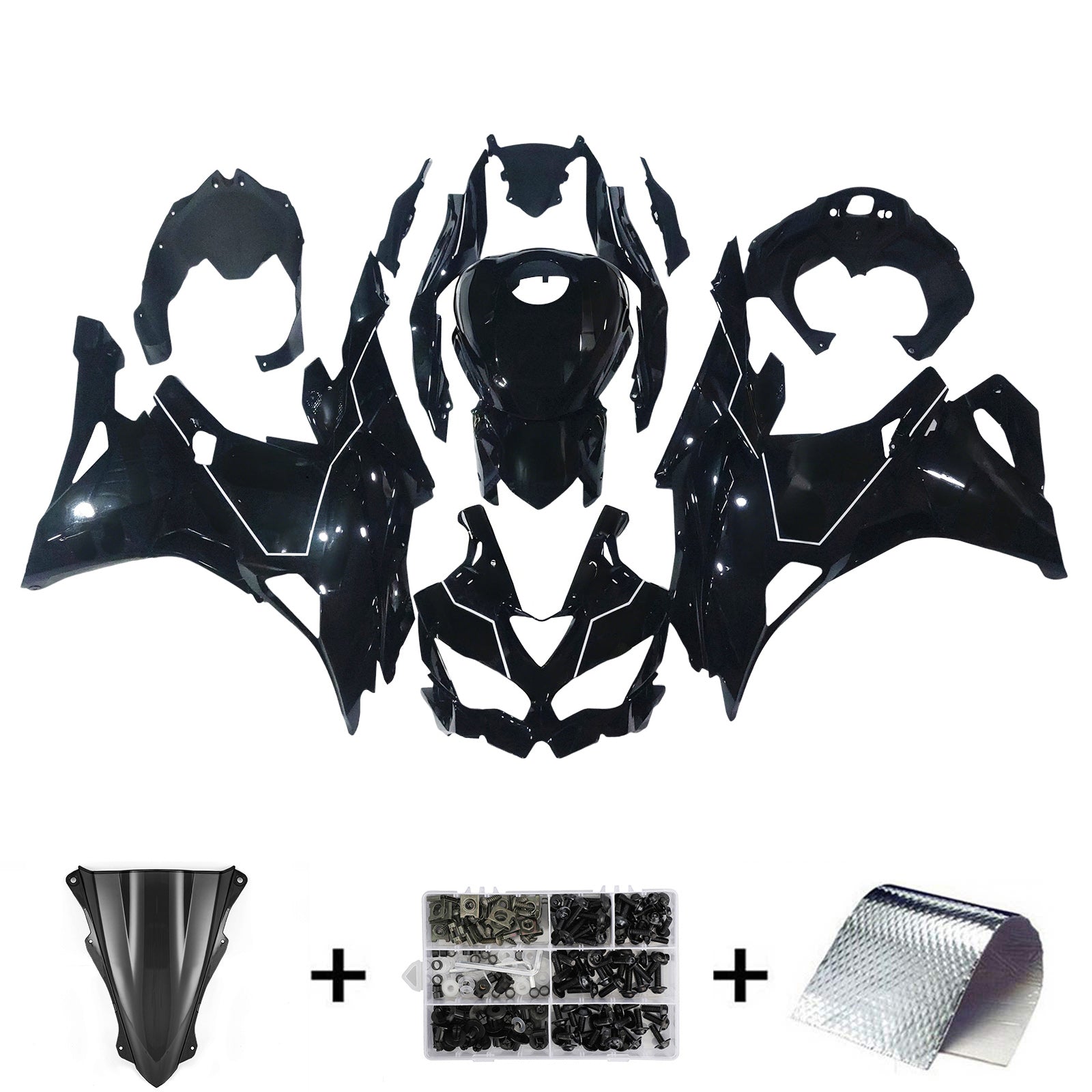 Amotopart 2019-2025 Ninja ZX-25R ZX-4R ZX-4RR Kawasaki Black med hvite emblemer Fairing Kit