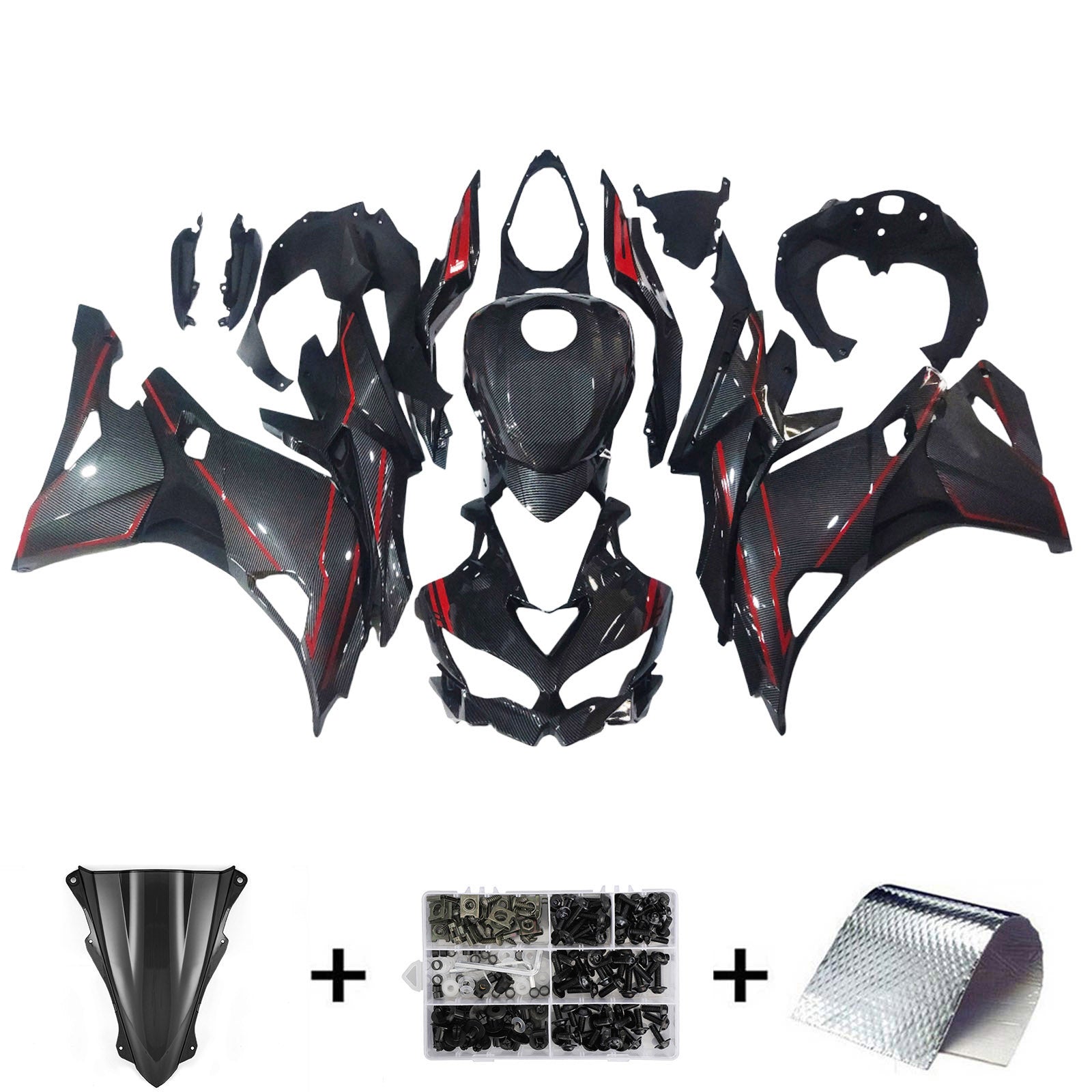 Amotopart 2019-2025 Ninja ZX-25R ZX-4R ZX-4RR Kawasaki Carbon Fiber with Red Accents Fairing Kit