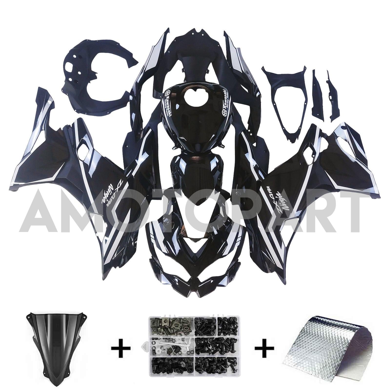 Amotopart 2019–2025 Ninja ZX-25R ZX-4R ZX-4RR Kawasaki, Schwarz&Verkleidungssatz mit weißen Streifen