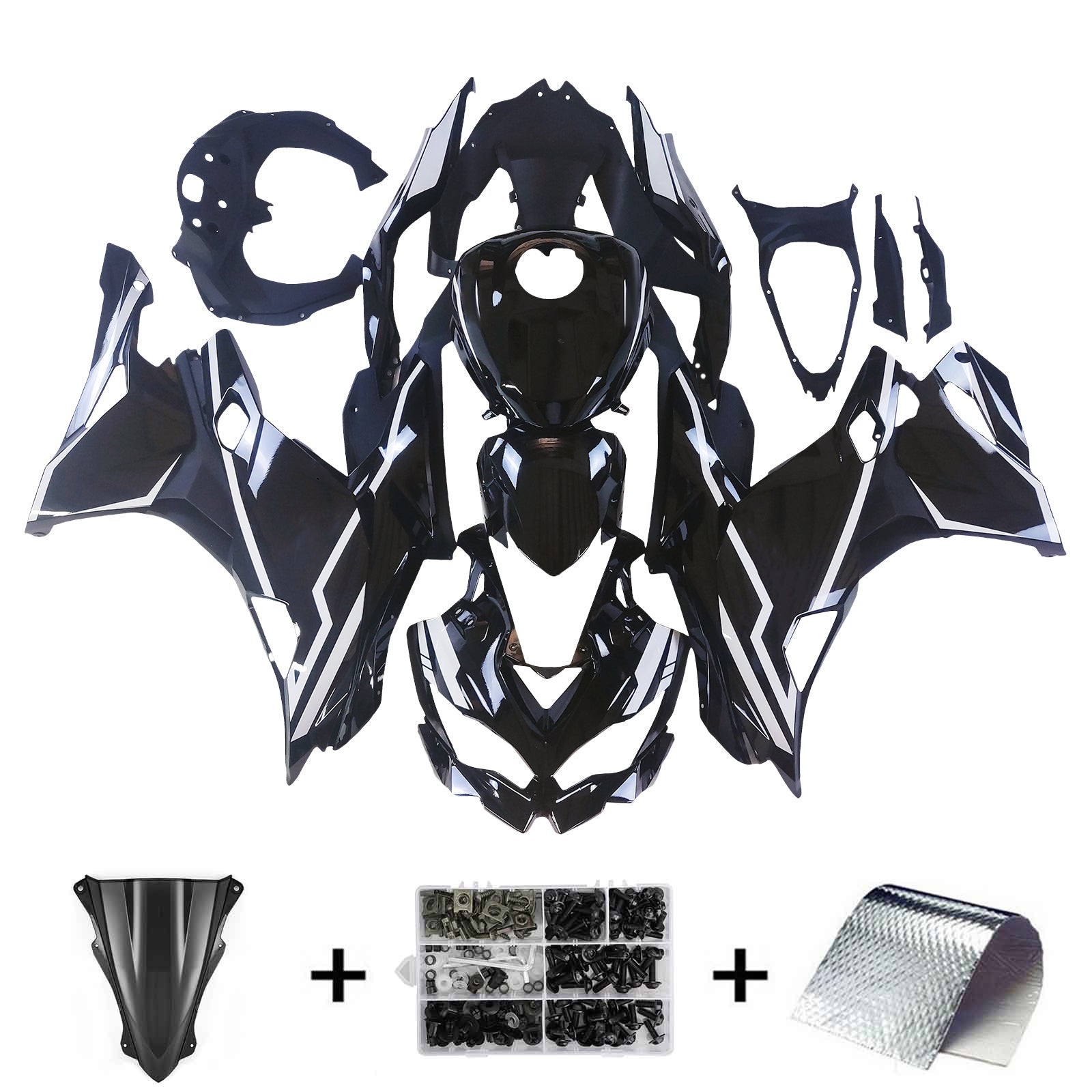 Amotopart 2019-2025 Ninja ZX-25R ZX-4R ZX-4RR Kawasaki Black & White Stripes Fairing Kit