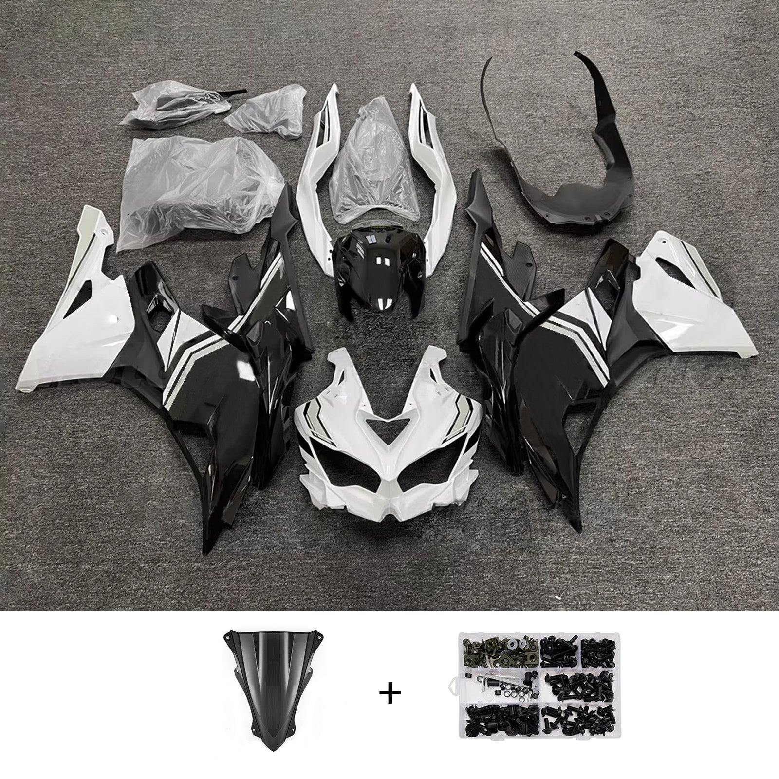 Amotopart 2019-2026 Kawasaki Ninja ZX-25R ZX-4R ZX-4RR Black & White Fairing Kit