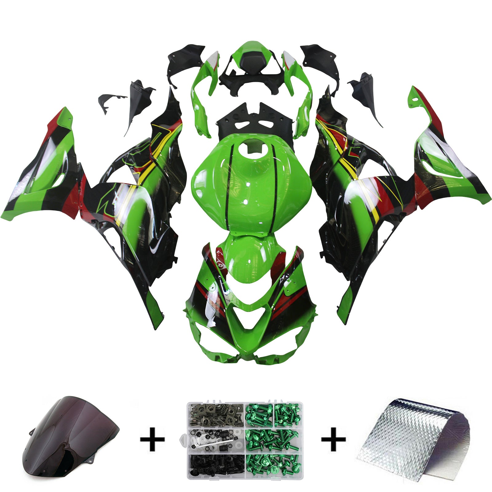 Amotopart 2024-2026 Kawasaki ZX6R Black Green Red Fairing Kit