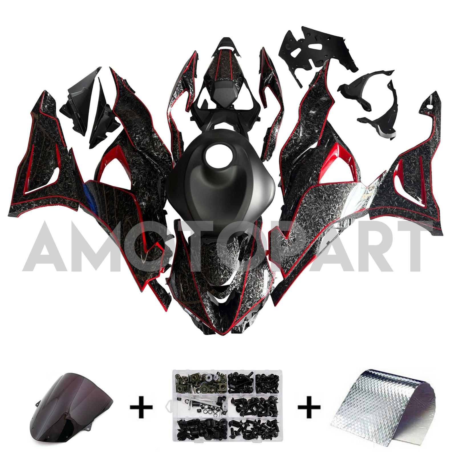 Amotopart 2024-2025 Kawasaki ZX-6R Black Forged Carbon Fiber Pattern Red Fairing Kit