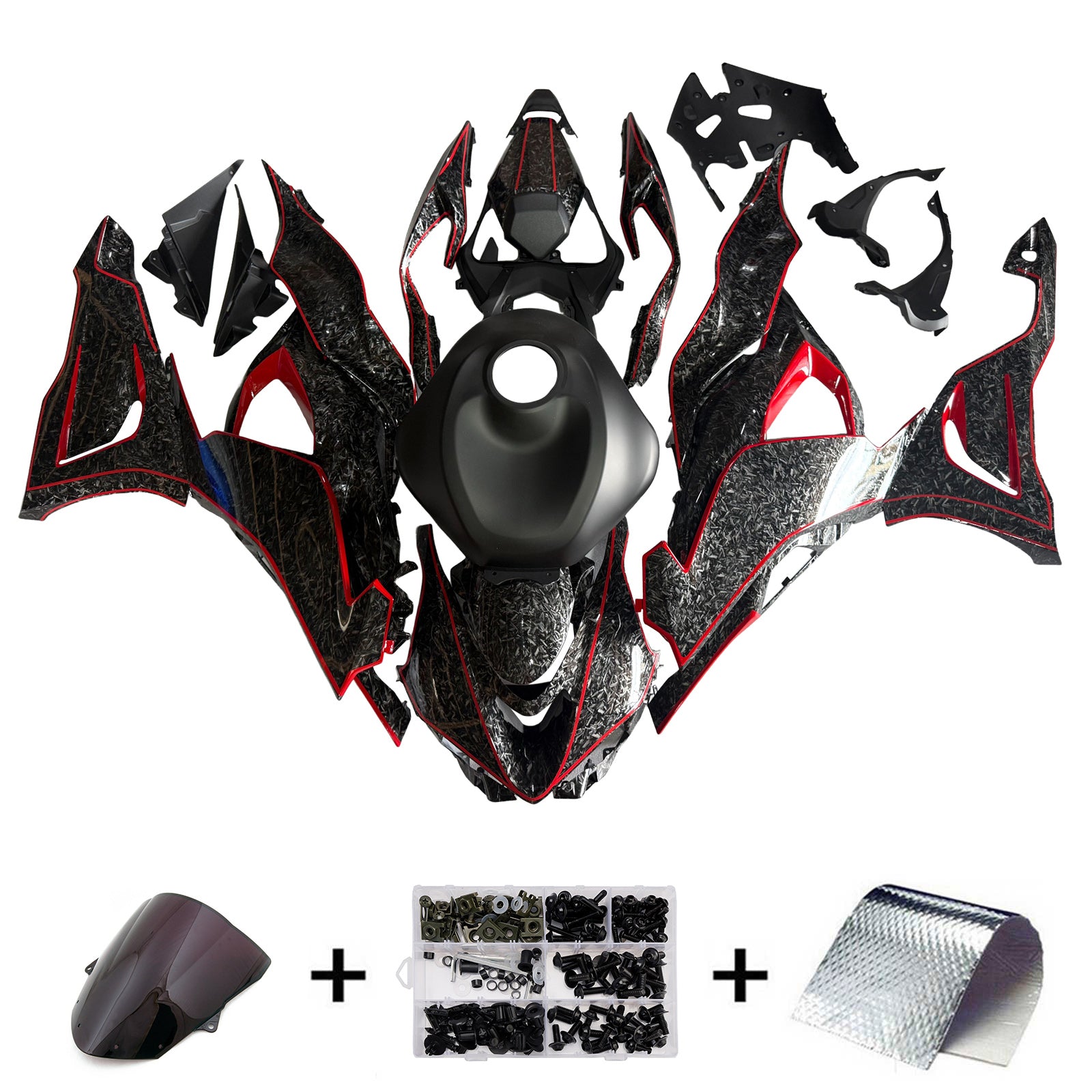 Amotopart 2024-2025 Kawasaki ZX-6R Black Forged Carbon Fiber Pattern Red Fairing Kit